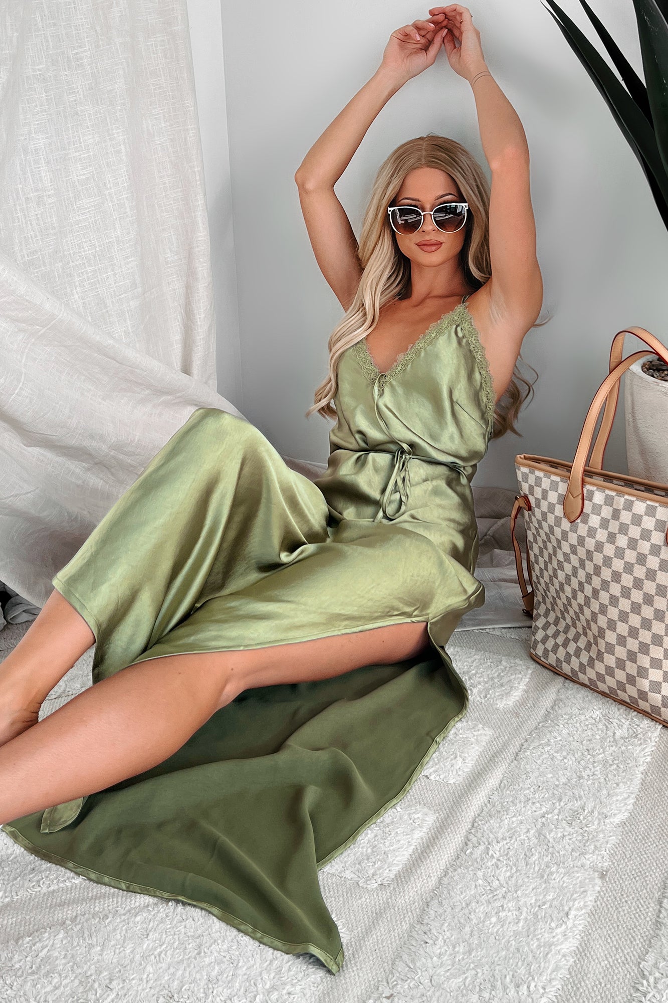 Beautiful Words Lace Trim Satin Maxi Dress (Olive Green)-The Formal Wear