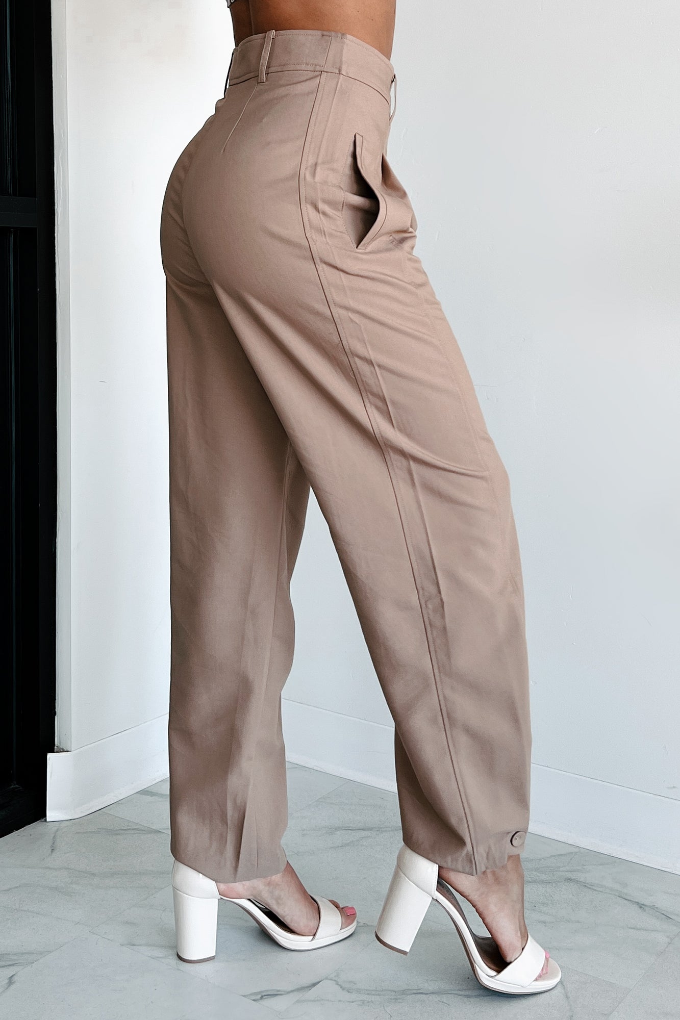 Working Late Pleated Buttoned Cuff Pants (Latte)-The Formal Wear