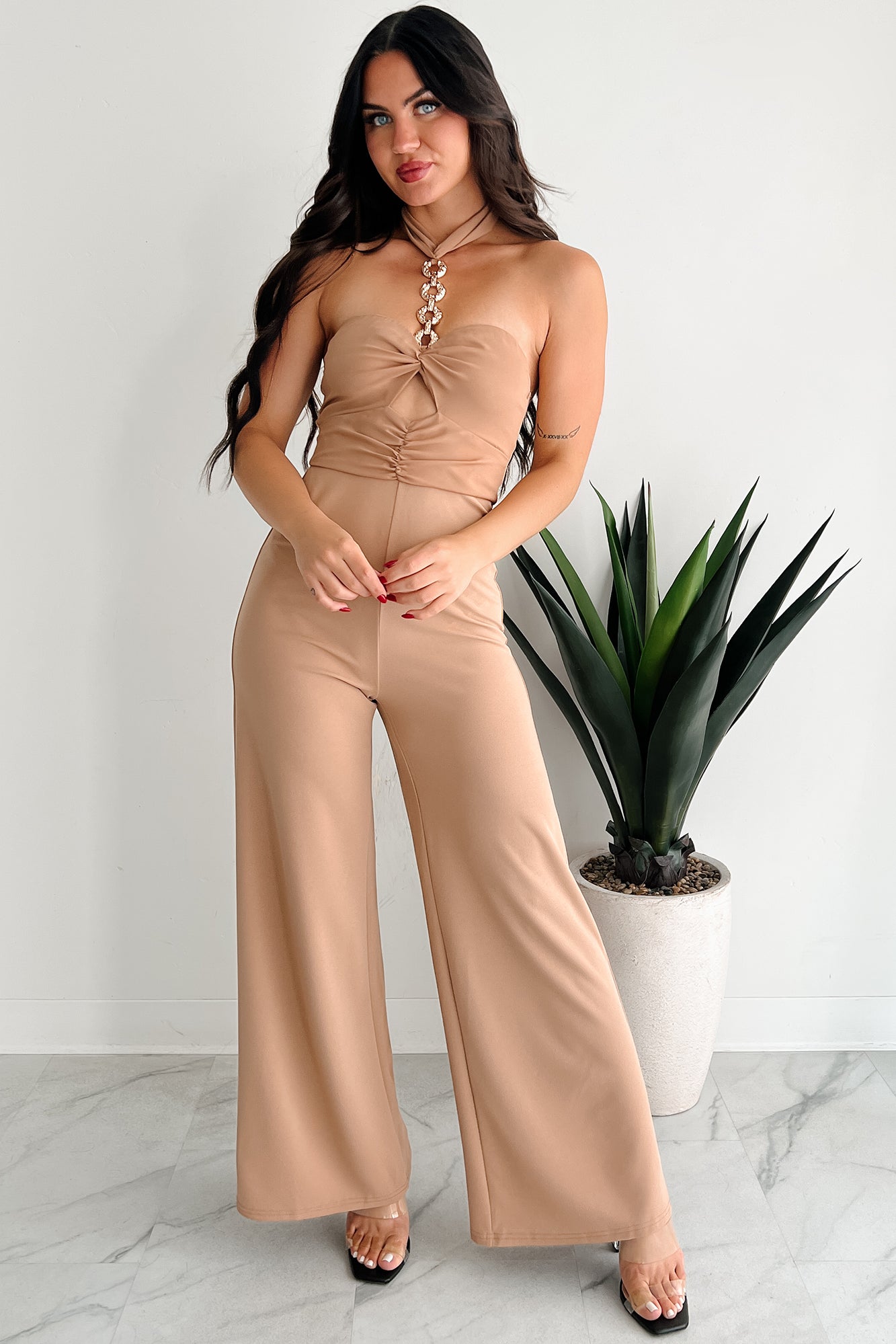 Sheer Ferocity Chain Strap Cutout Jumpsuit (Taupe)-The Formal Wear