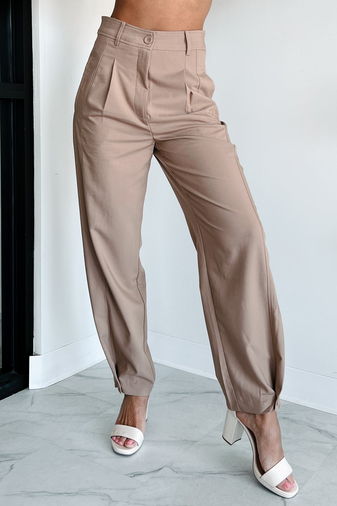 Working Late Pleated Buttoned Cuff Pants (Latte)-The Formal Wear