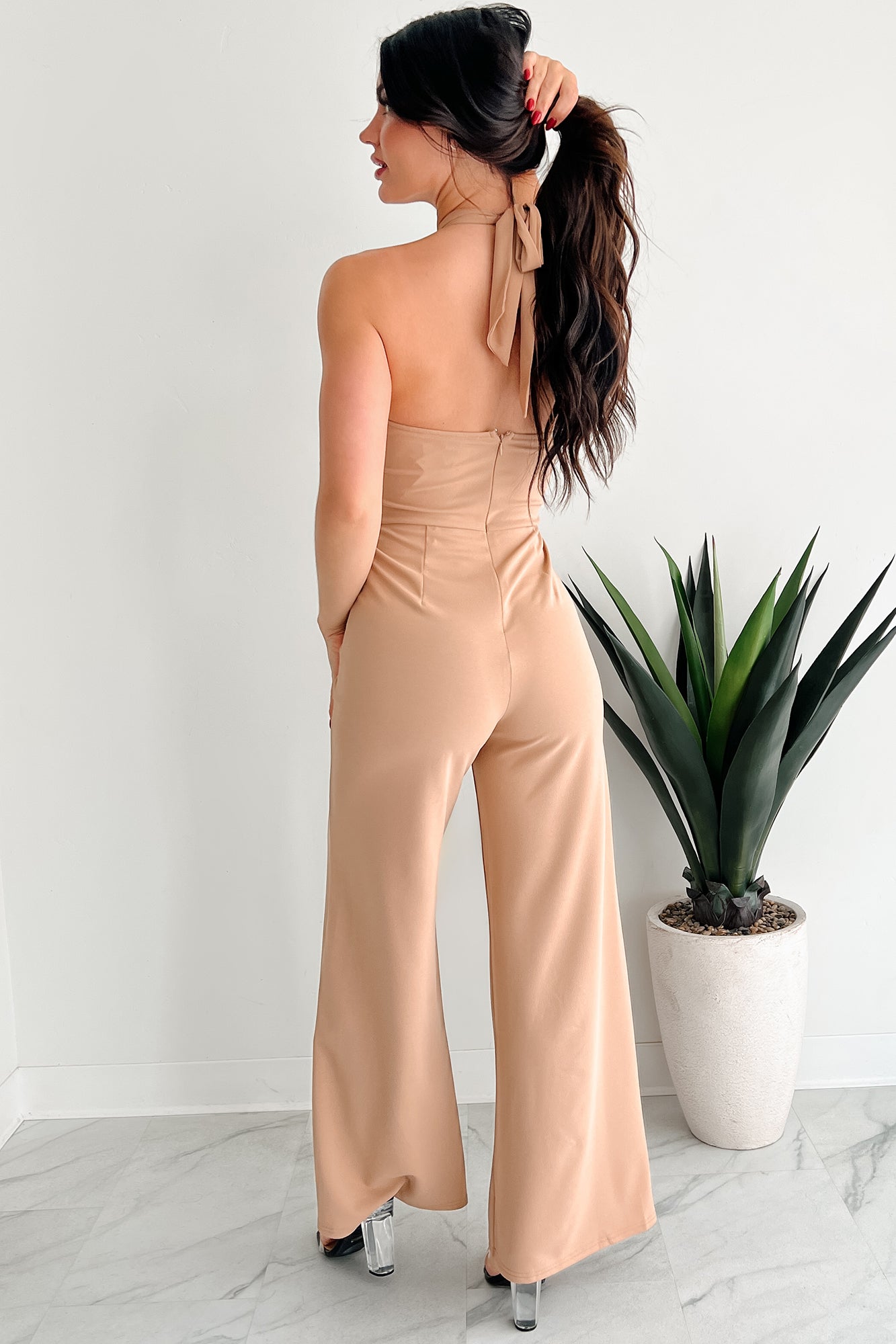 Sheer Ferocity Chain Strap Cutout Jumpsuit (Taupe)-The Formal Wear