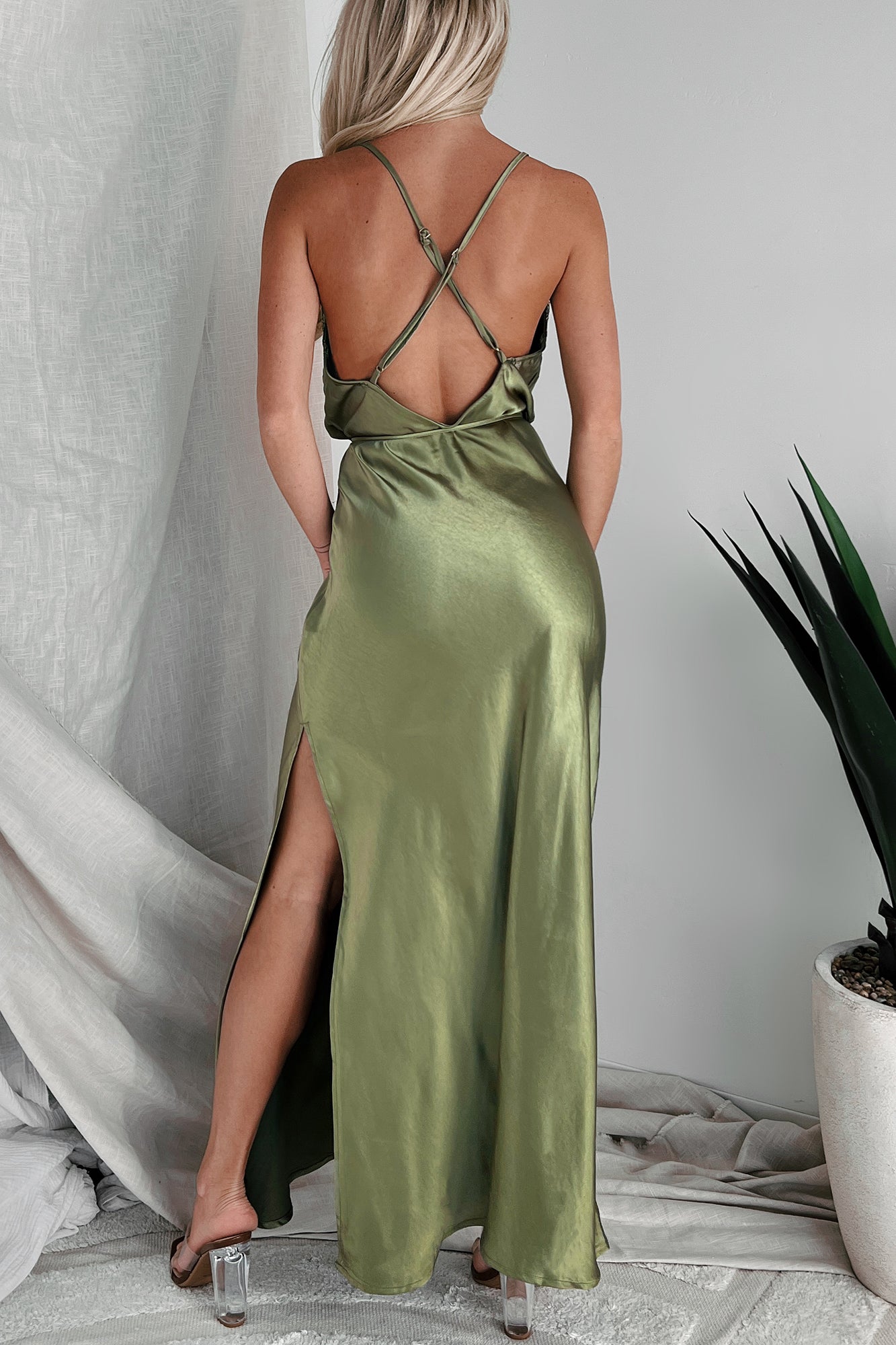Beautiful Words Lace Trim Satin Maxi Dress (Olive Green)-The Formal Wear