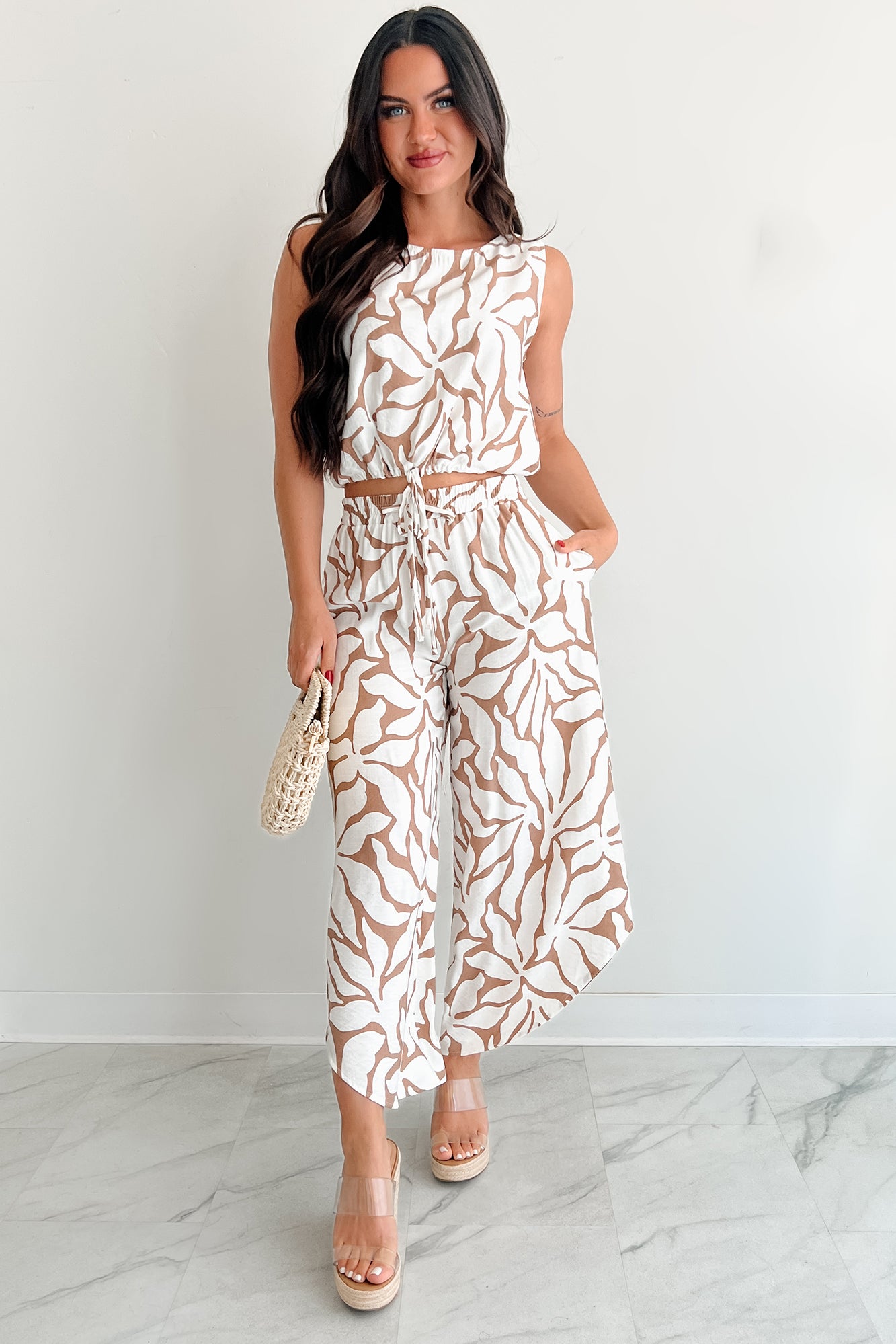 Under the Boardwalk Curve Hem Tropical Print Pants (Taupe/Ivory)-The Formal Wear