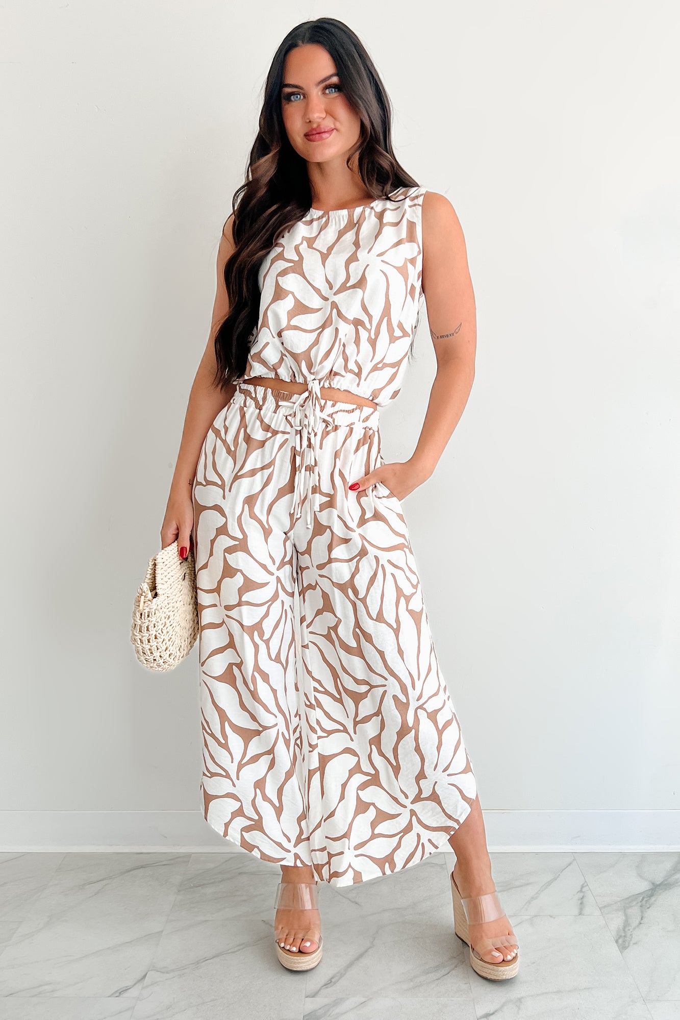 Under the Boardwalk Curve Hem Tropical Print Pants (Taupe/Ivory)-The Formal Wear