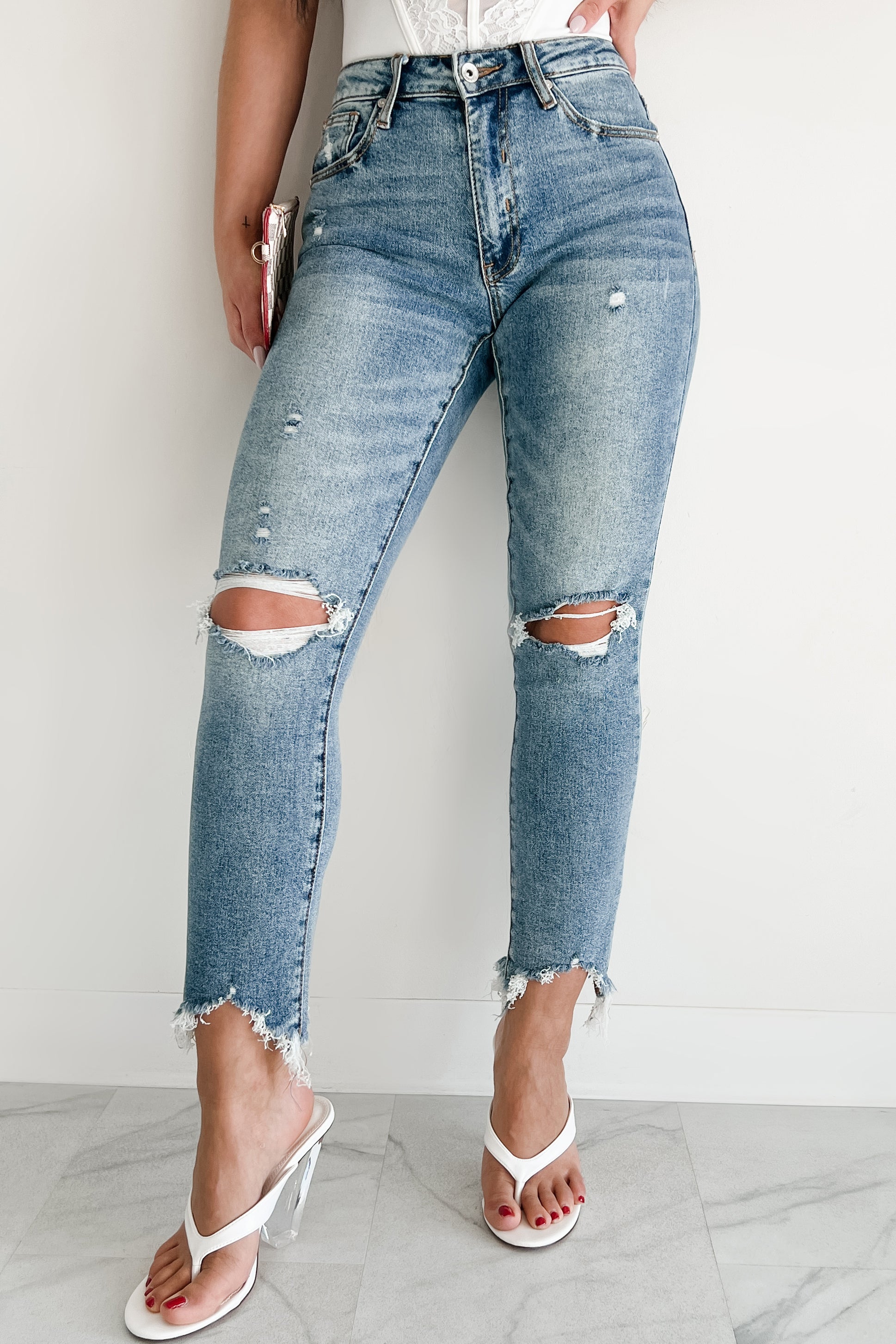 Tallie Mid Rise Distressed Slim Straight Special A Jeans (Medium Light)-The Formal Wear