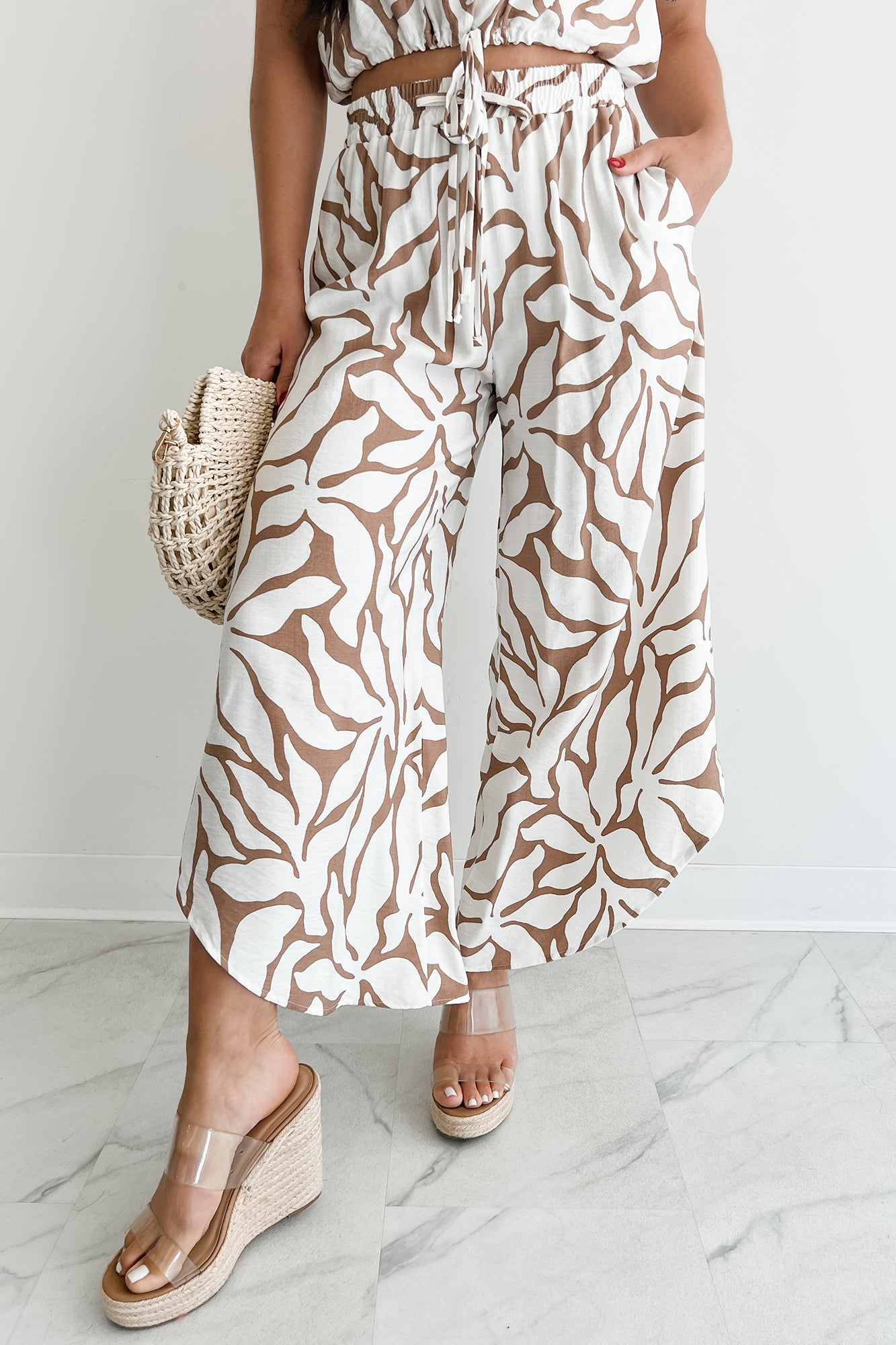 Under the Boardwalk Curve Hem Tropical Print Pants (Taupe/Ivory)-The Formal Wear