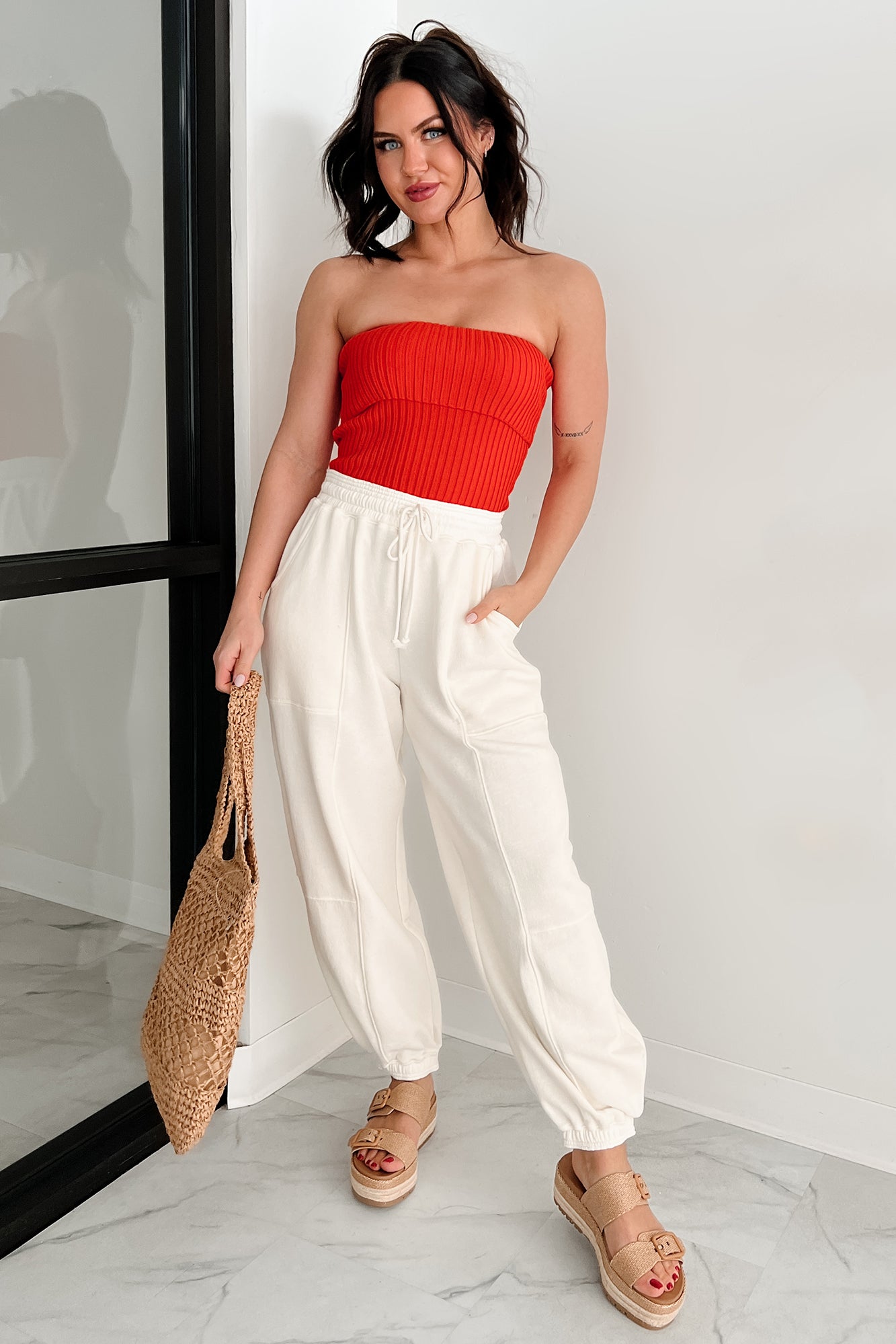 Cozy Corner Ribbed Strapless Fold Over Top (Tomato)-The Formal Wear
