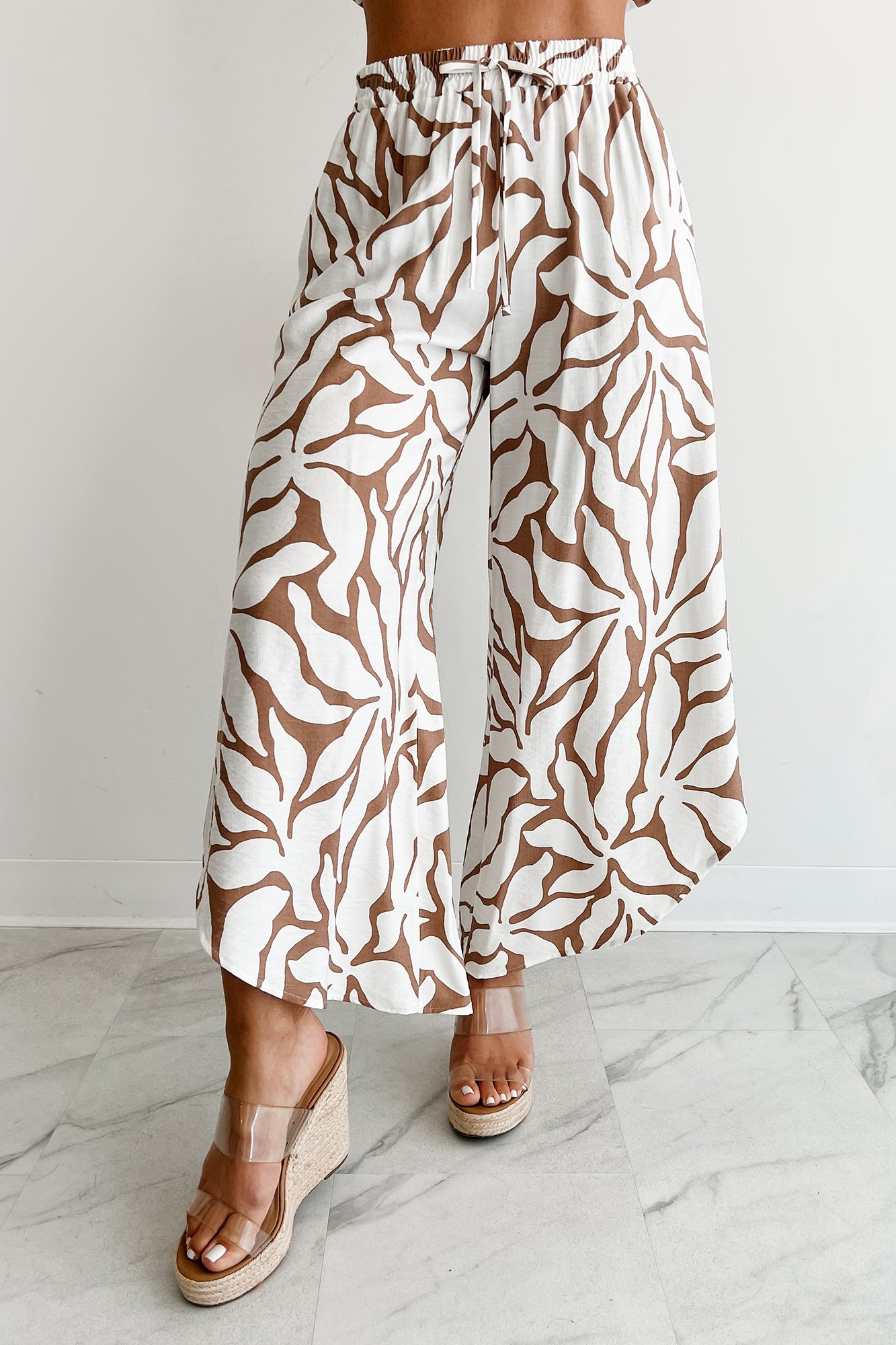 Under the Boardwalk Curve Hem Tropical Print Pants (Taupe/Ivory)-The Formal Wear