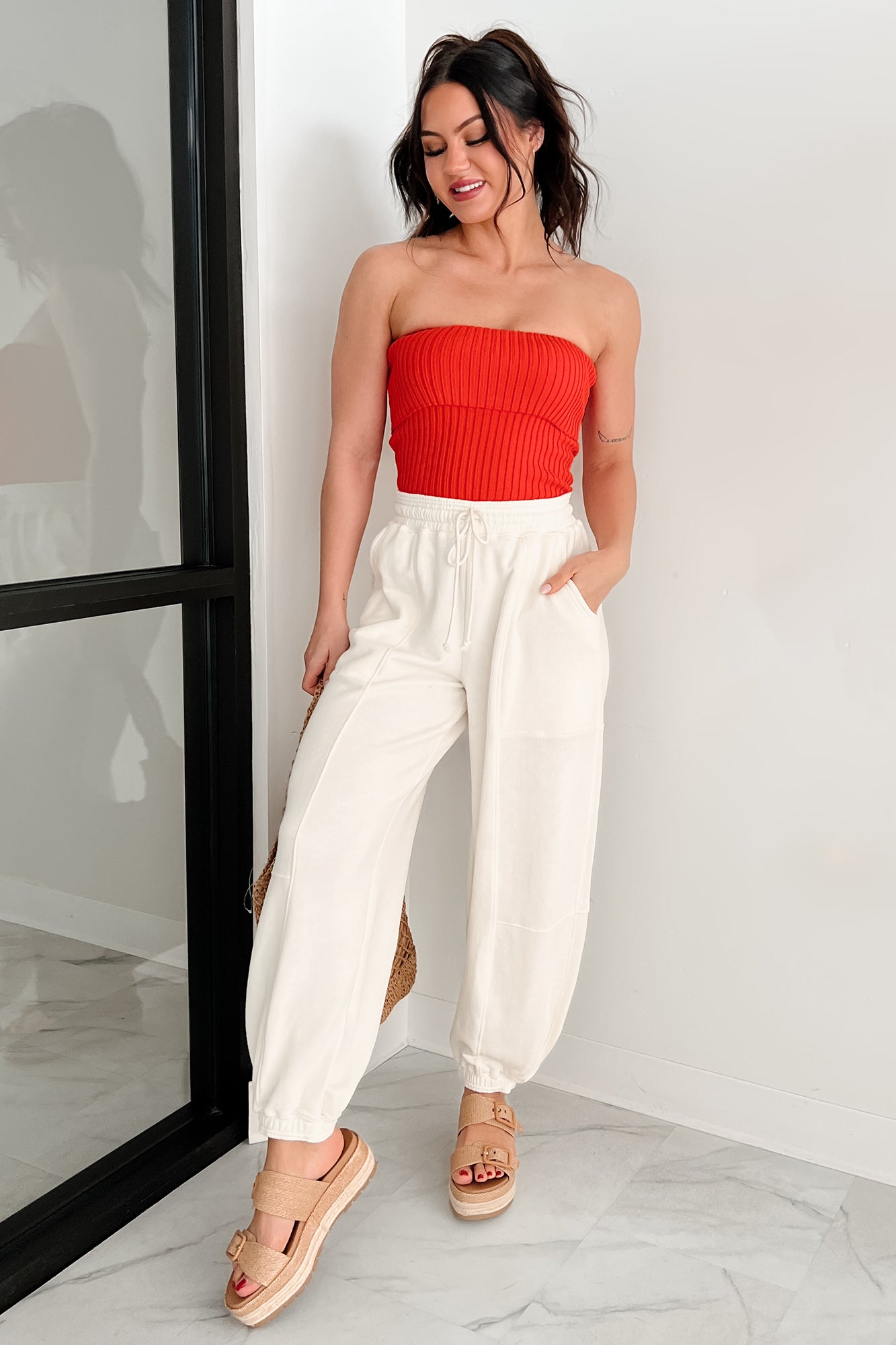 Cozy Corner Ribbed Strapless Fold Over Top (Tomato)-The Formal Wear