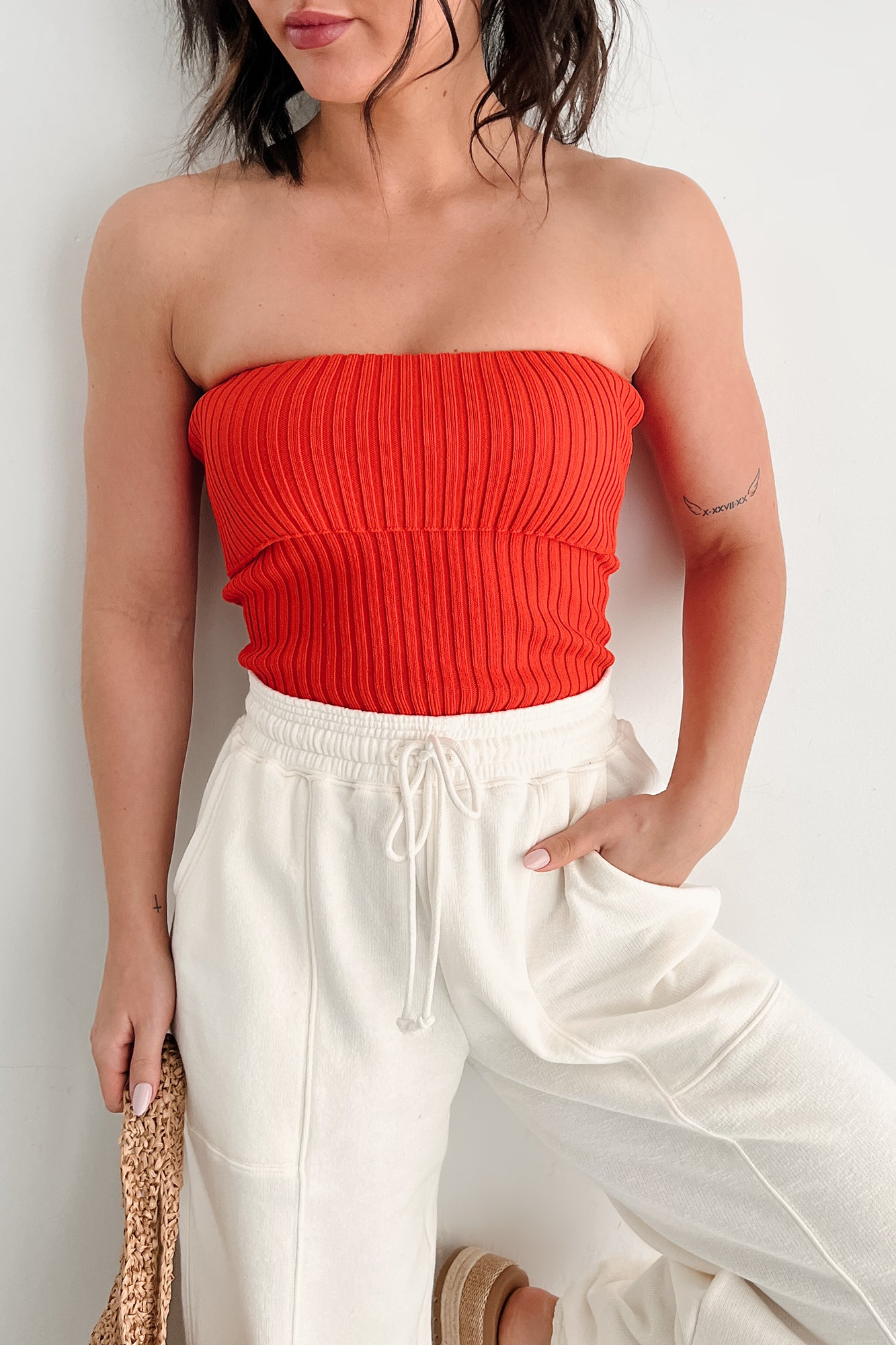Cozy Corner Ribbed Strapless Fold Over Top (Tomato)-The Formal Wear