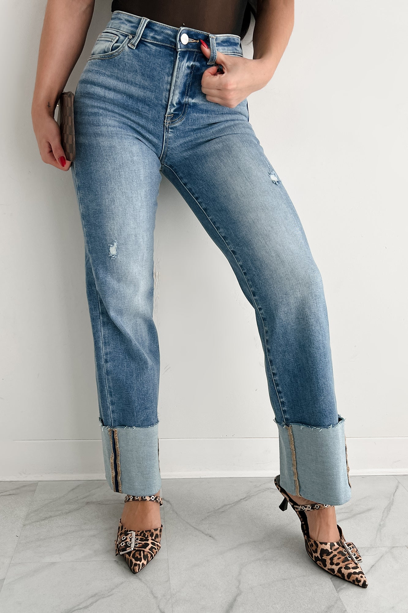 Myla Wide Leg Cuffed Distressed Risen Jeans (Medium)-The Formal Wear