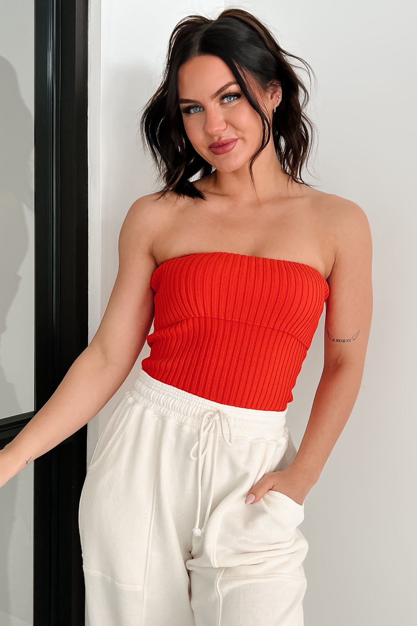 Cozy Corner Ribbed Strapless Fold Over Top (Tomato)-The Formal Wear