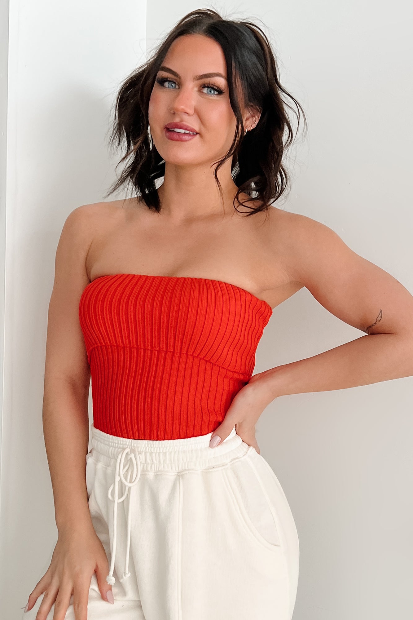 Cozy Corner Ribbed Strapless Fold Over Top (Tomato)-The Formal Wear