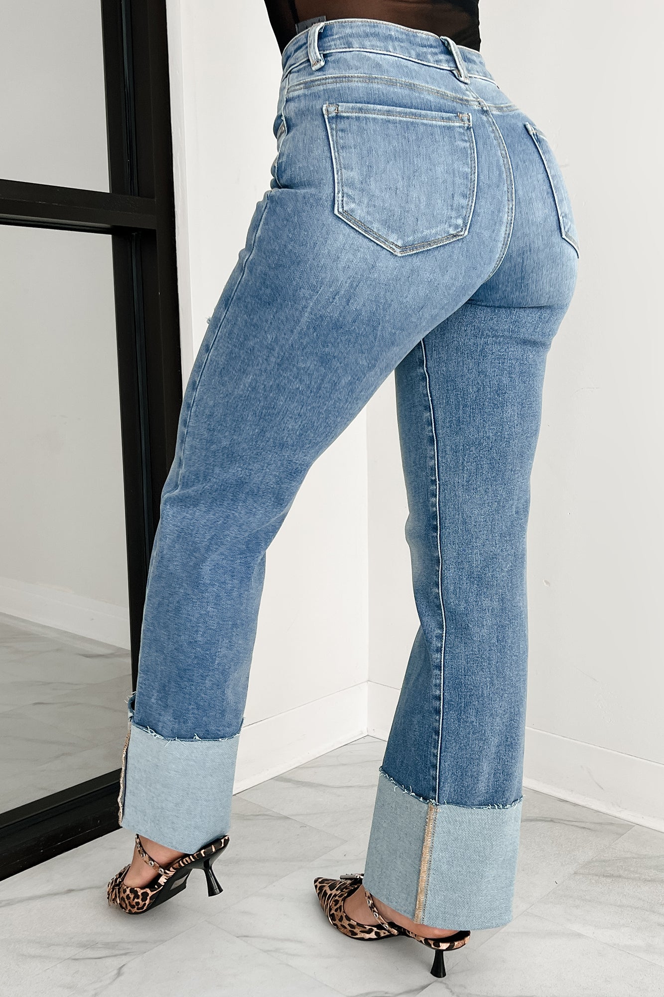 Myla Wide Leg Cuffed Distressed Risen Jeans (Medium)-The Formal Wear