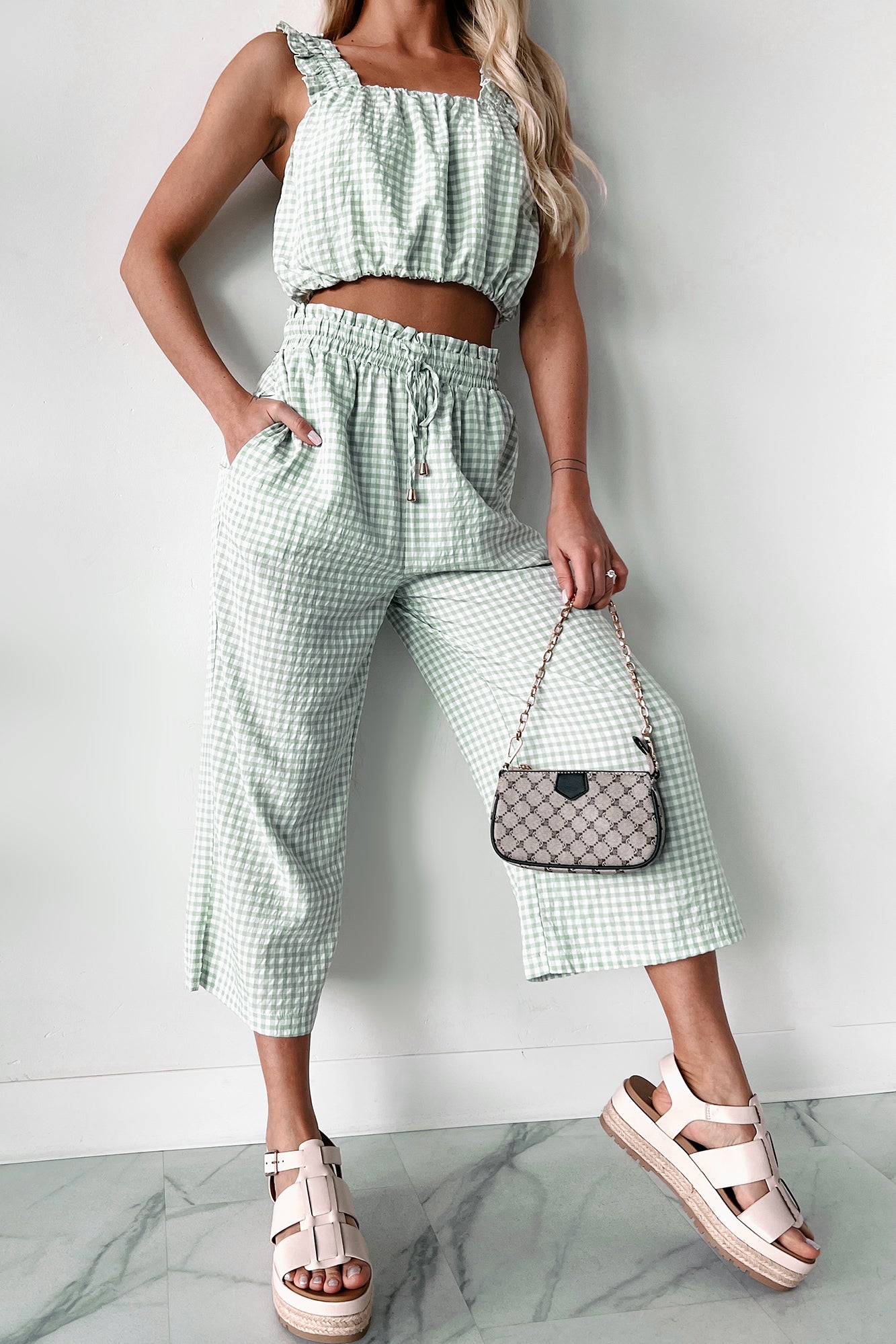 Armondo Gingham Crop Pants (Sage)-The Formal Wear