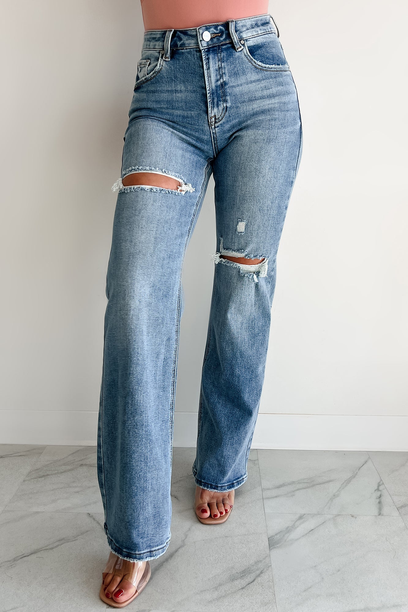 Dolly High Rise Straight Leg Distressed Risen Jeans (Medium)-The Formal Wear