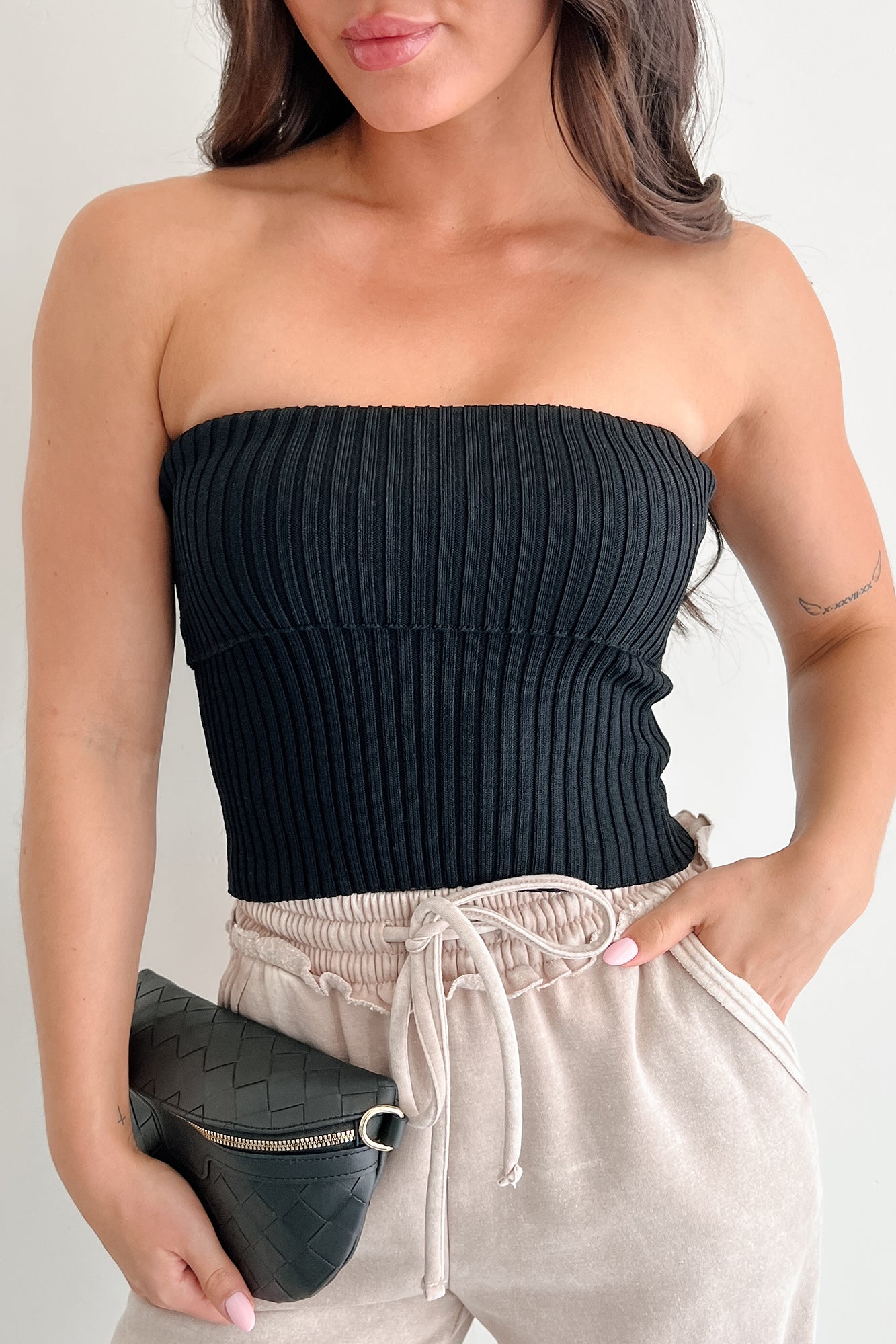Cozy Corner Ribbed Strapless Fold Over Top (Black)-The Formal Wear