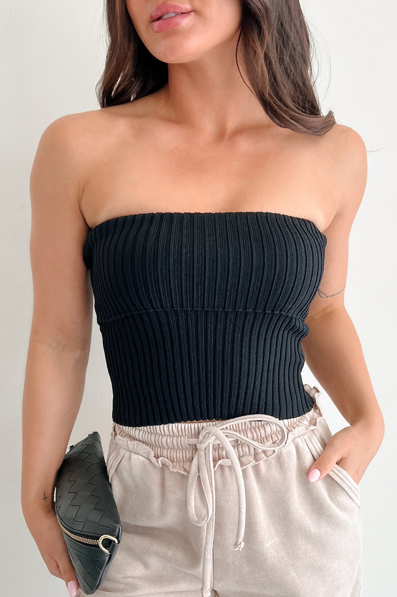 Cozy Corner Ribbed Strapless Fold Over Top (Black)-The Formal Wear