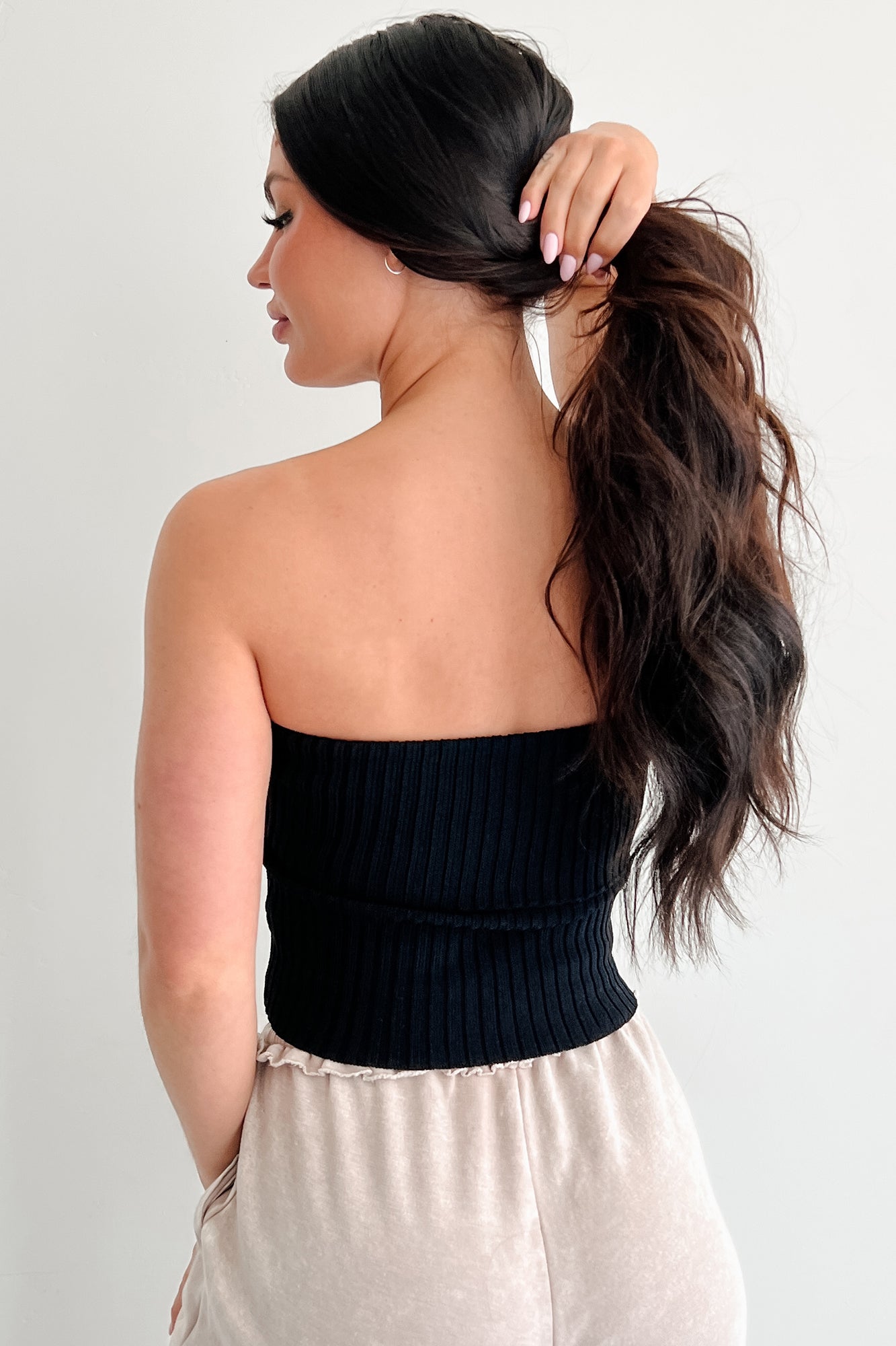 Cozy Corner Ribbed Strapless Fold Over Top (Black)-The Formal Wear