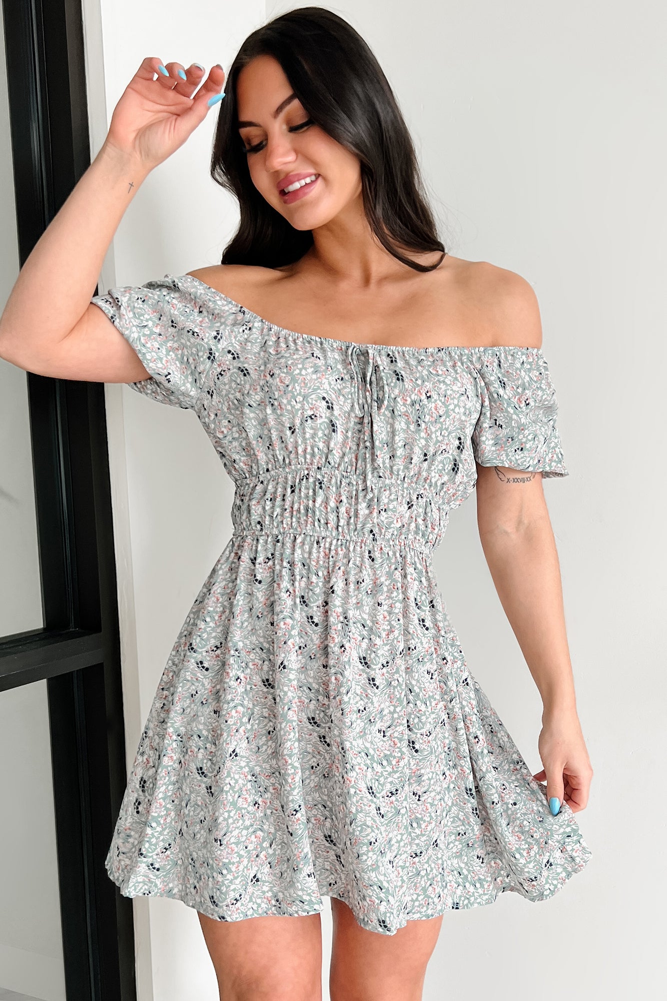 Wildflower Wish Puff Sleeve Floral Mini Dress (Sage/Multi)-The Formal Wear
