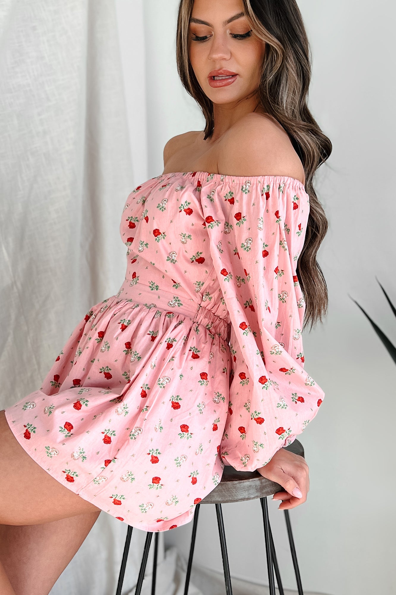 Captivating Blossoms Off The Shoulder Floral Print Romper (Pink)-The Formal Wear