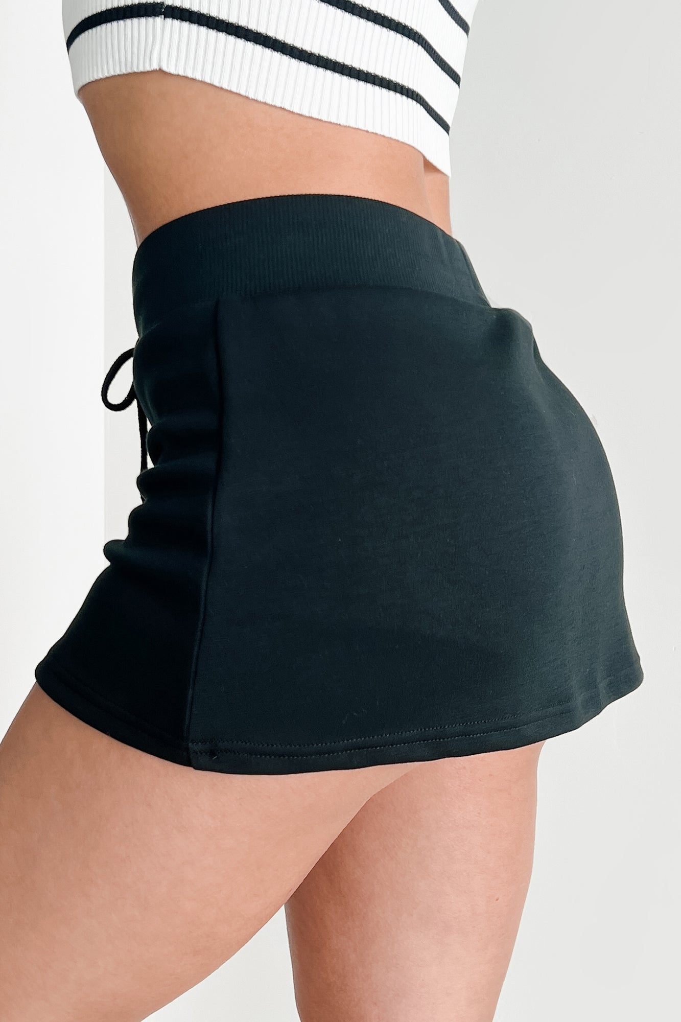 Stretching Into Comfort Drawstring Mini Skort (Black)-The Formal Wear