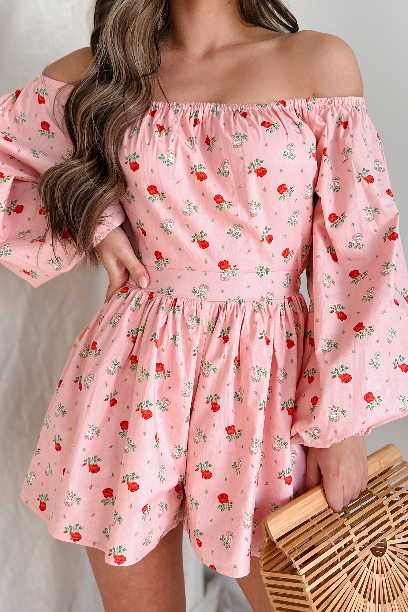 Captivating Blossoms Off The Shoulder Floral Print Romper (Pink)-The Formal Wear