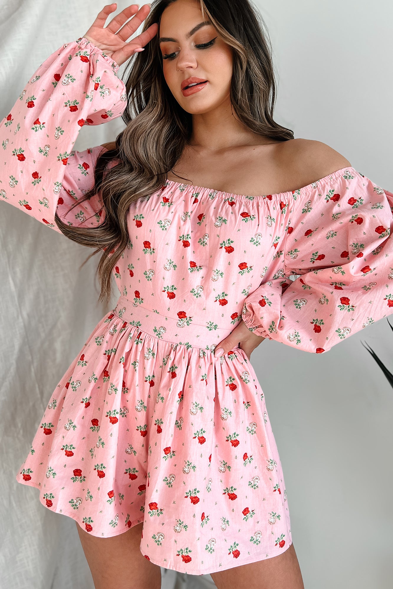 Captivating Blossoms Off The Shoulder Floral Print Romper (Pink)-The Formal Wear