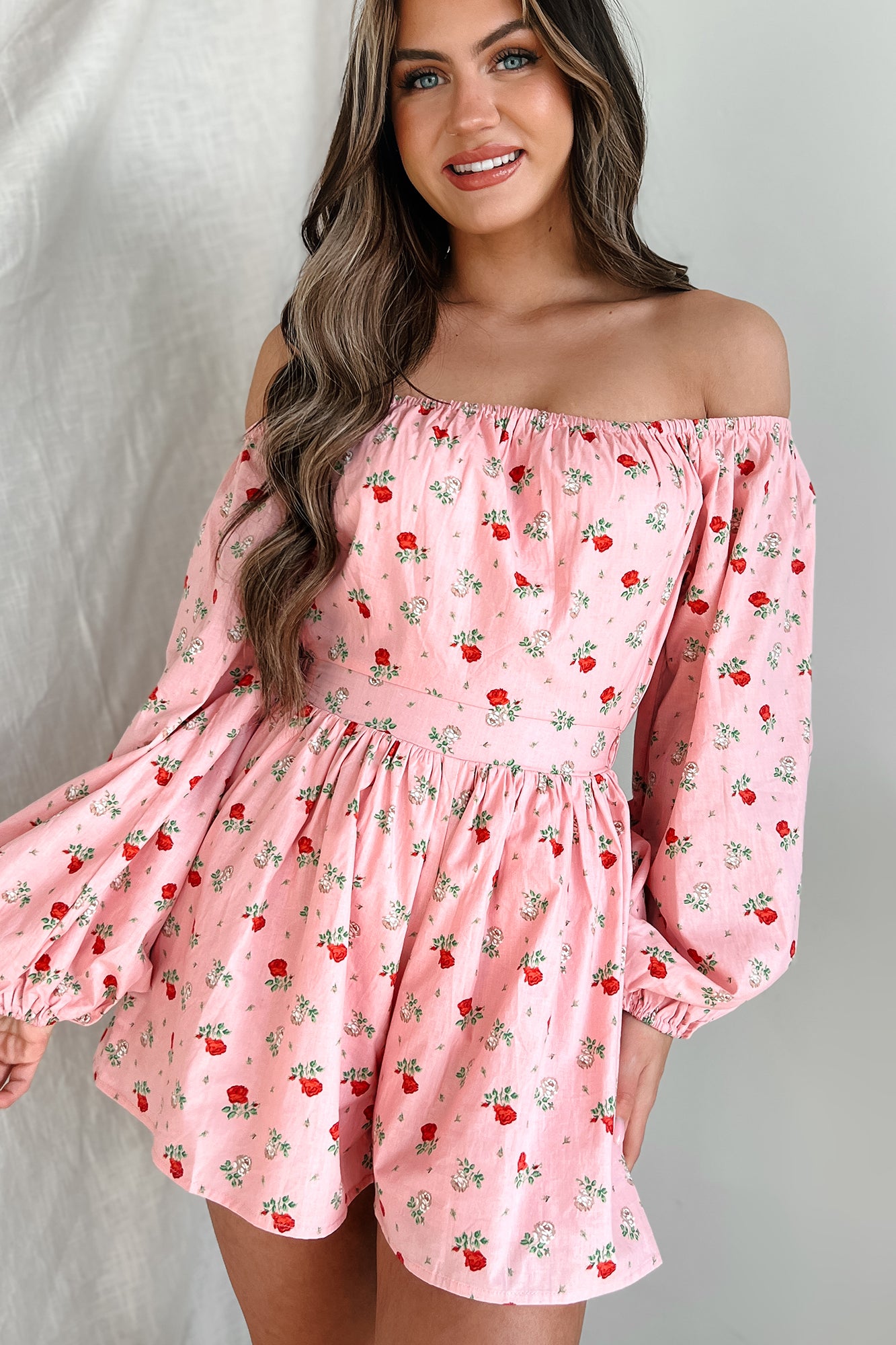 Captivating Blossoms Off The Shoulder Floral Print Romper (Pink)-The Formal Wear
