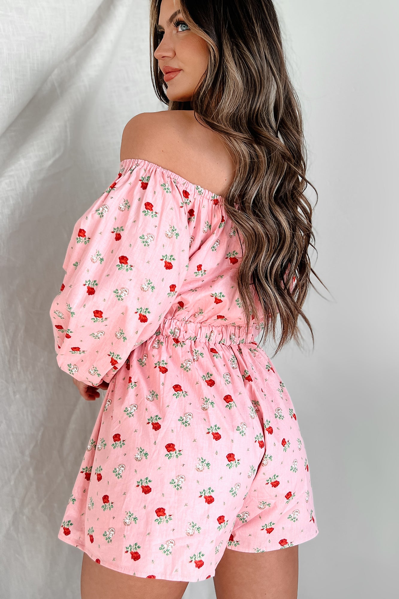 Captivating Blossoms Off The Shoulder Floral Print Romper (Pink)-The Formal Wear