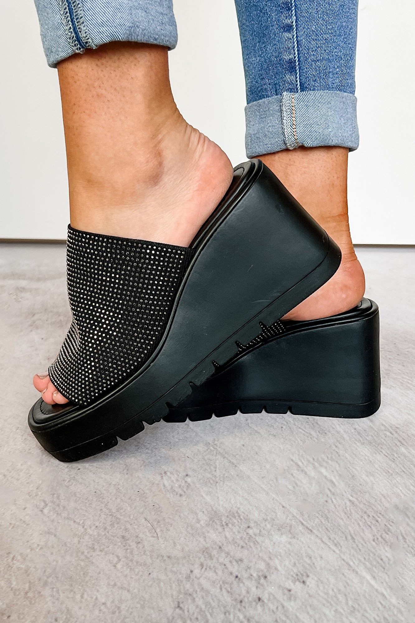 Roxy Rhinestone Strap Platform Wedge Sandal (Black)-The Formal Wear