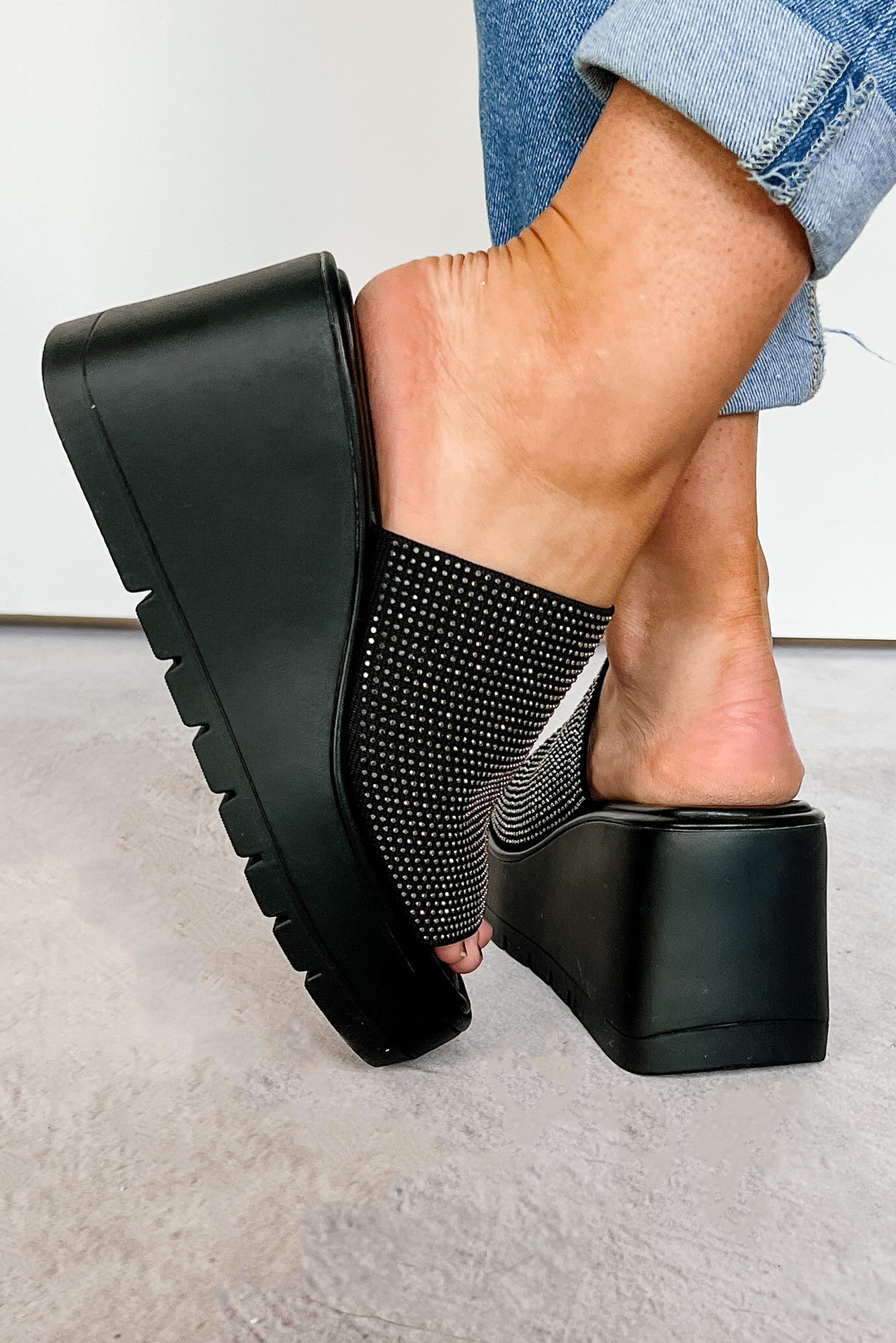 Roxy Rhinestone Strap Platform Wedge Sandal (Black)-The Formal Wear