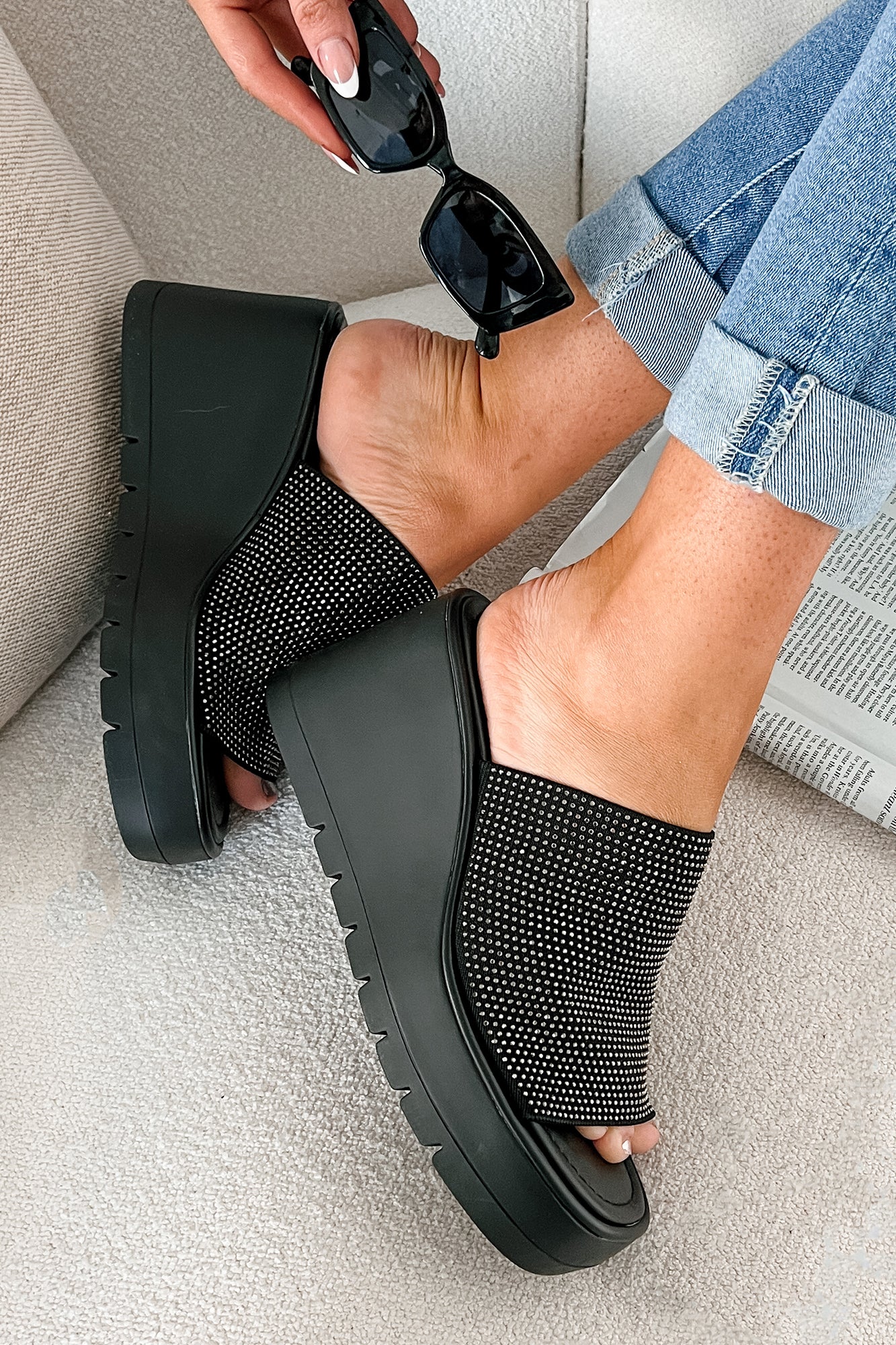 Roxy Rhinestone Strap Platform Wedge Sandal (Black)-The Formal Wear