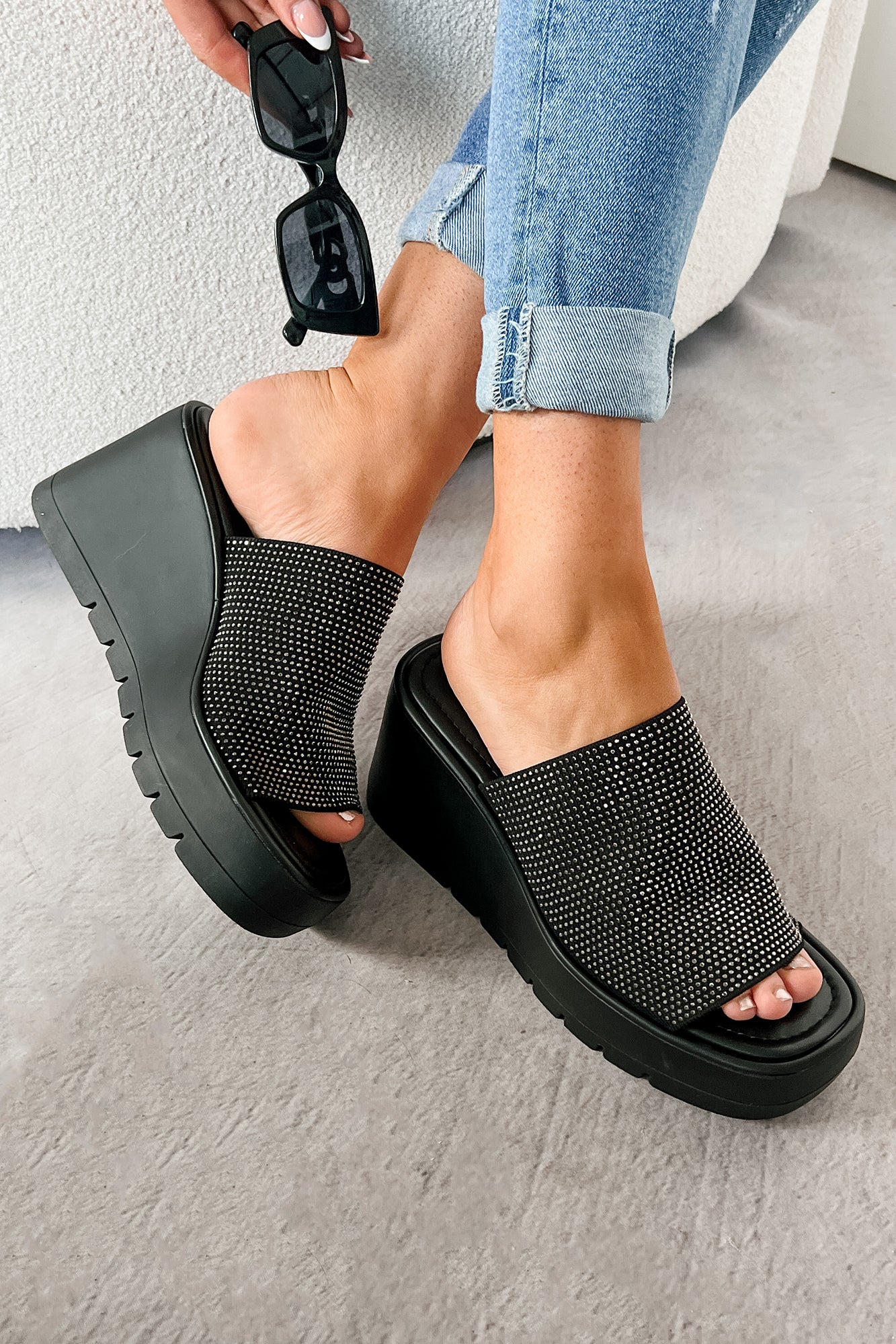 Roxy Rhinestone Strap Platform Wedge Sandal (Black)-The Formal Wear