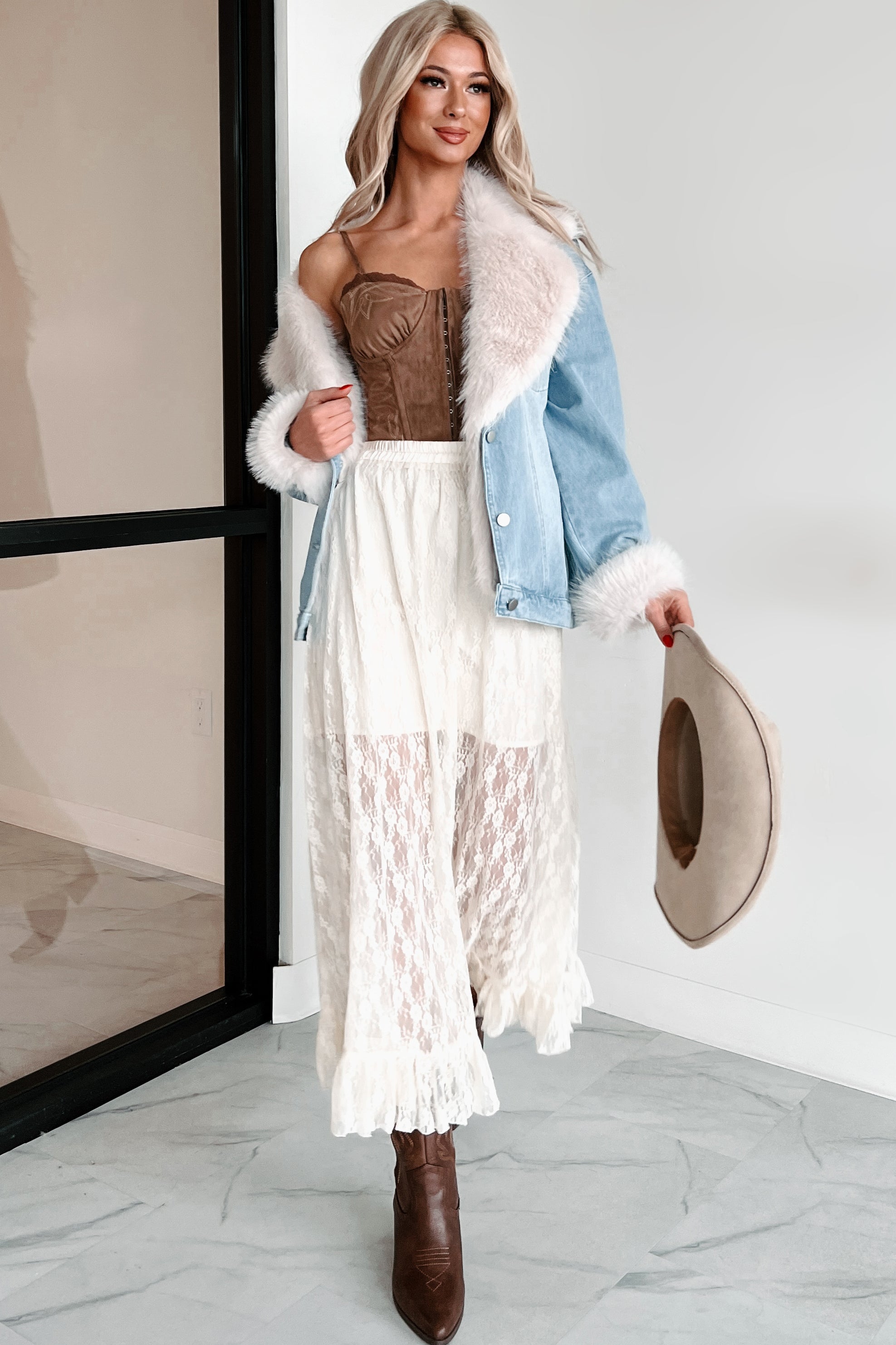 Furever Feeling Faux Fur Denim Jacket (Denim)-The Formal Wear