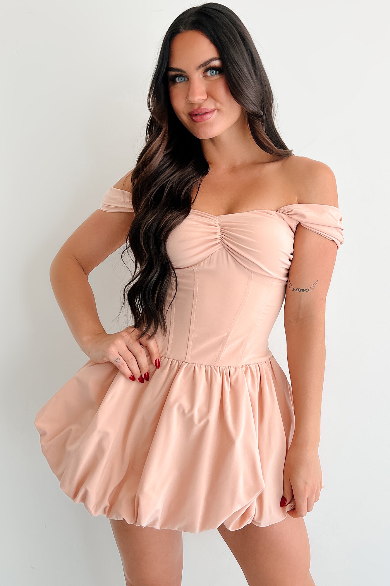 Quiet Hour Off Shoulder Bubble Mini Dress (Warm Peach)-The Formal Wear