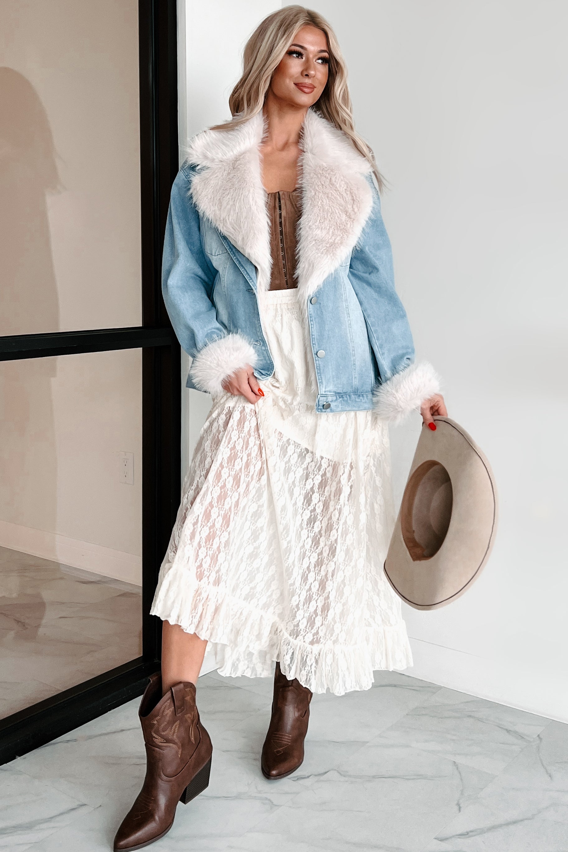 Furever Feeling Faux Fur Denim Jacket (Denim)-The Formal Wear