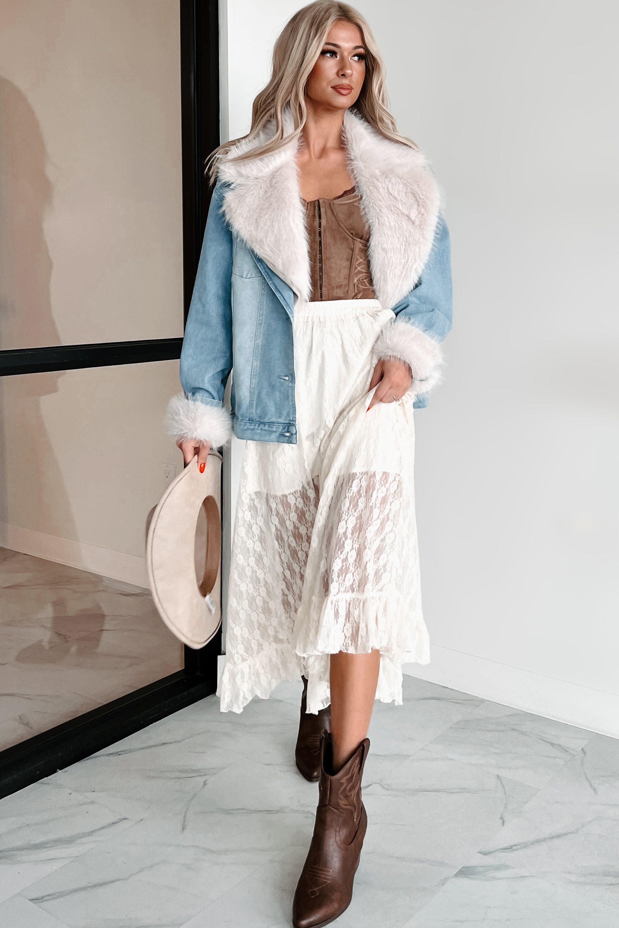 Furever Feeling Faux Fur Denim Jacket (Denim)-The Formal Wear