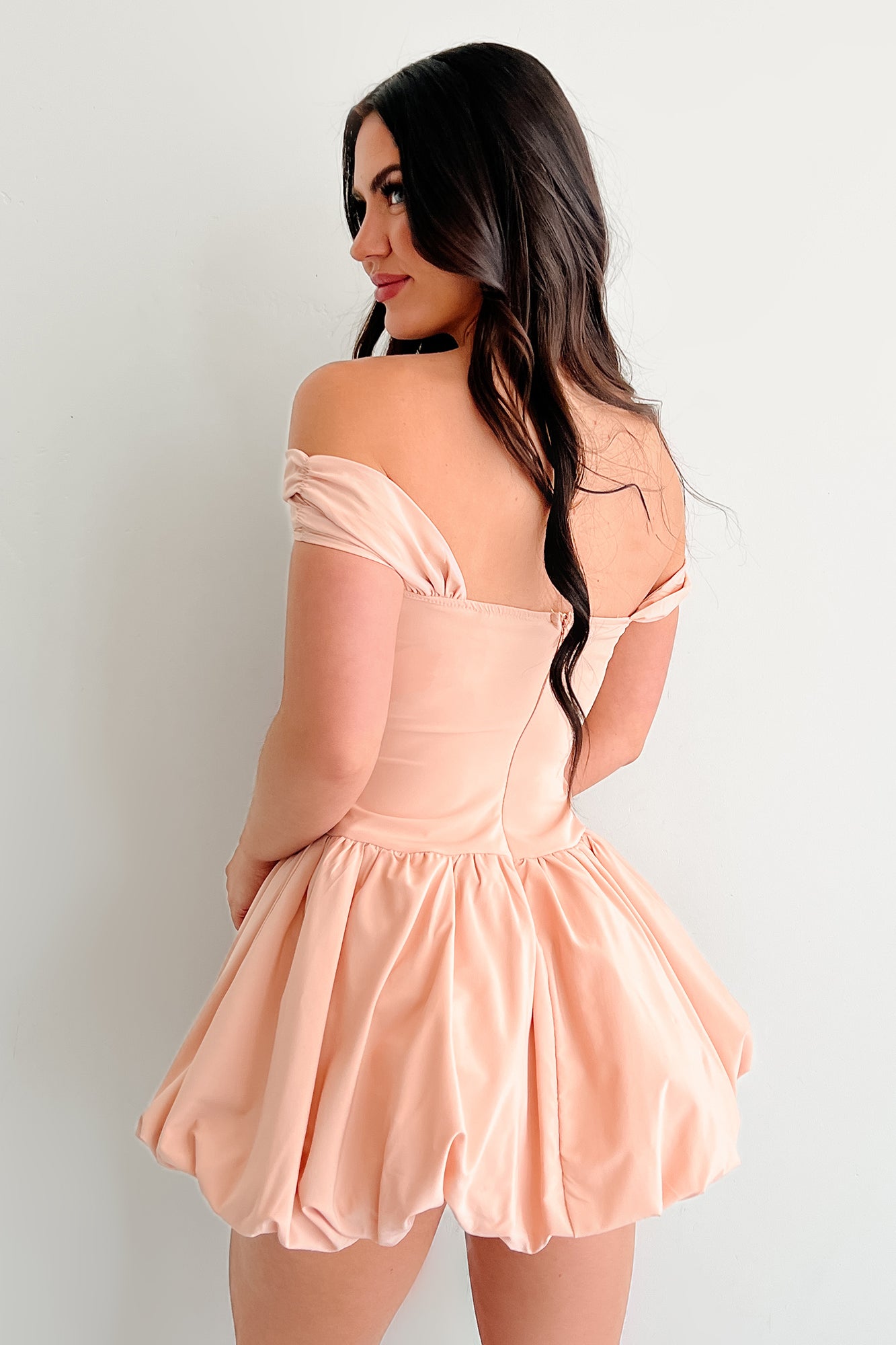 Quiet Hour Off Shoulder Bubble Mini Dress (Warm Peach)-The Formal Wear