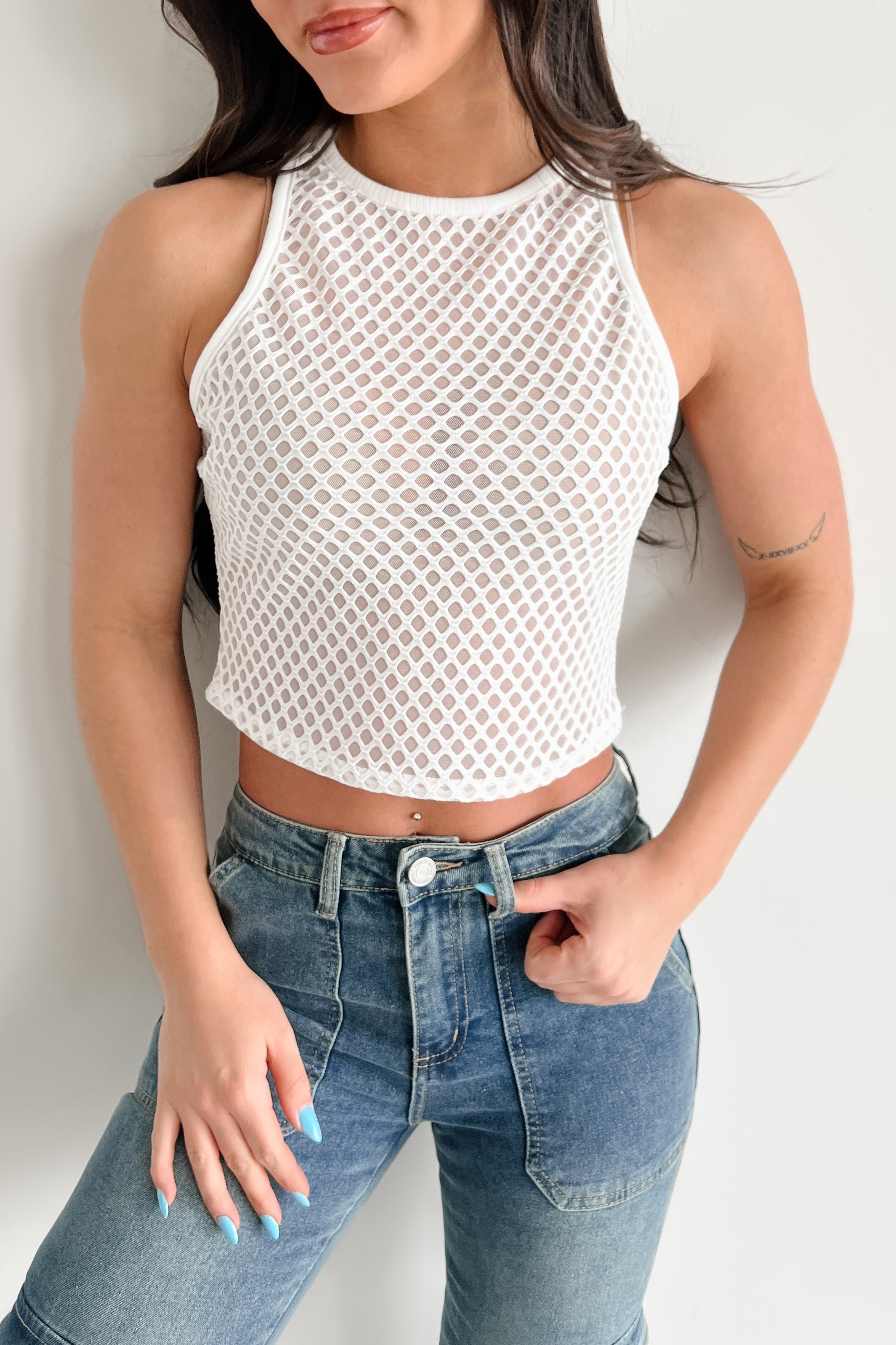 Boho Dreaming Lattice Mesh Crop Tank (White)-The Formal Wear