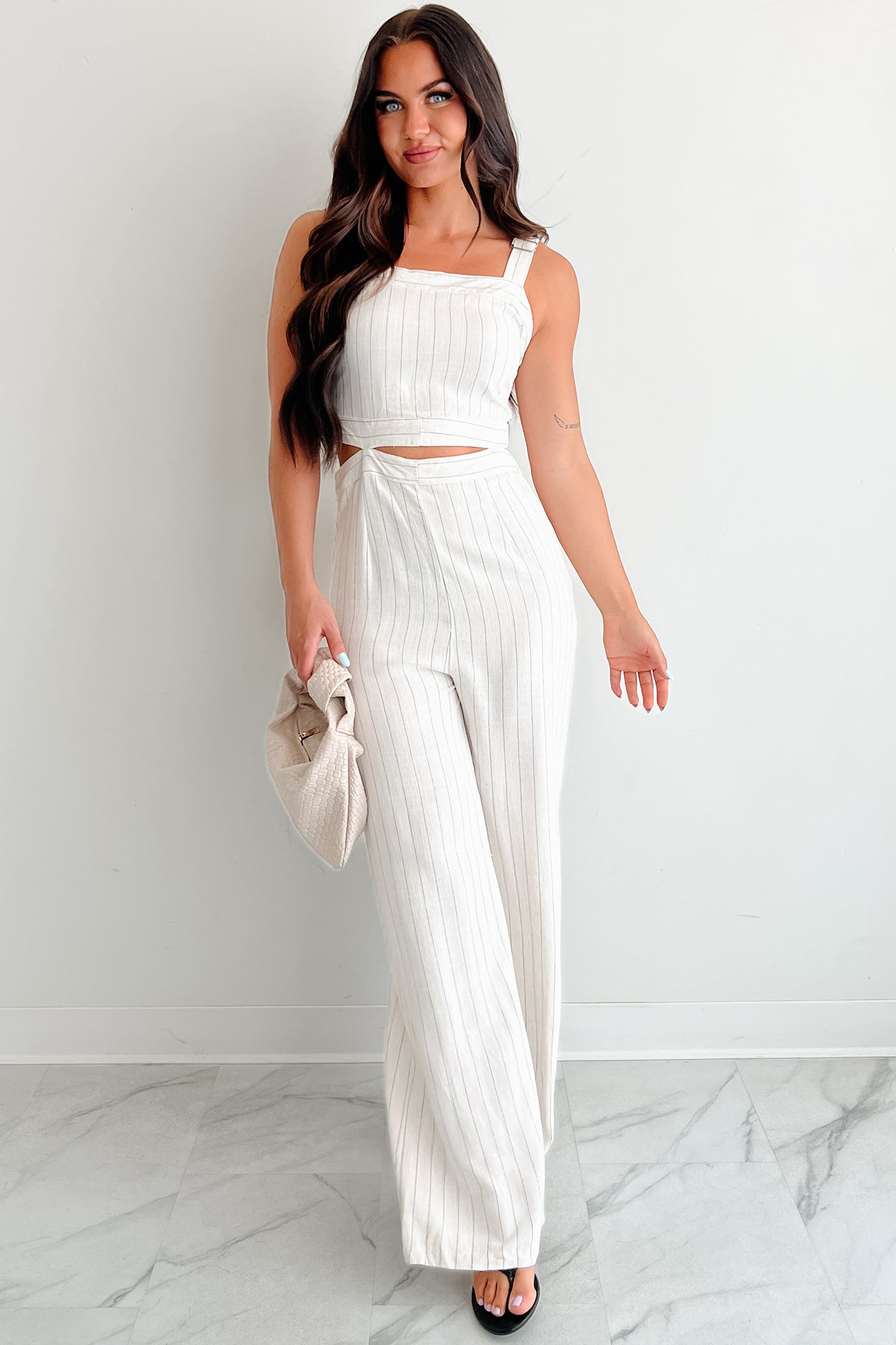Days Like This Striped Cut-Out Jumpsuit (Oatmeal)-The Formal Wear