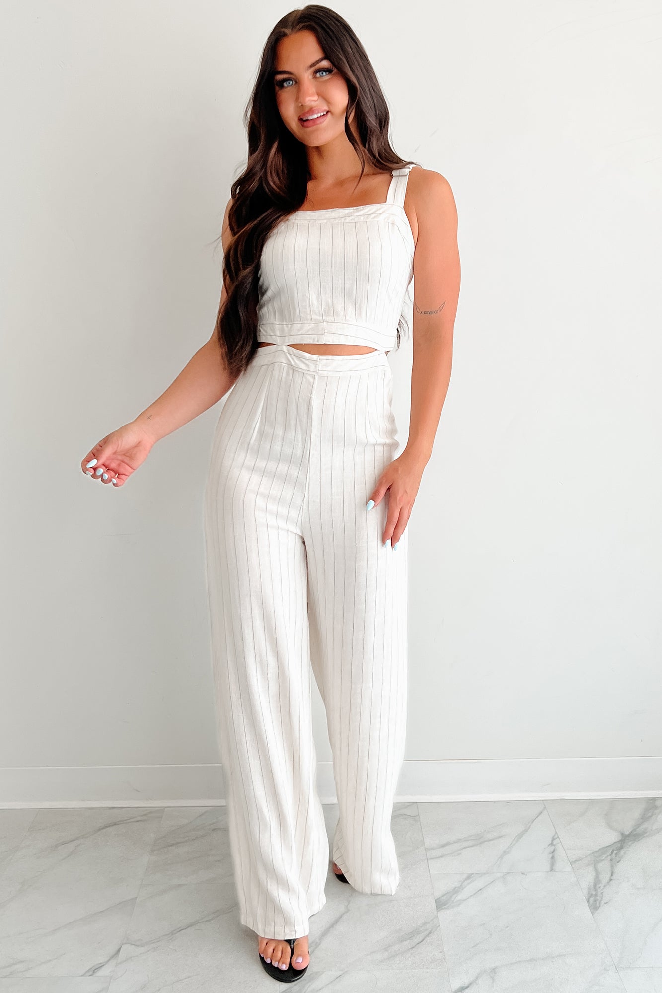 Days Like This Striped Cut-Out Jumpsuit (Oatmeal)-The Formal Wear