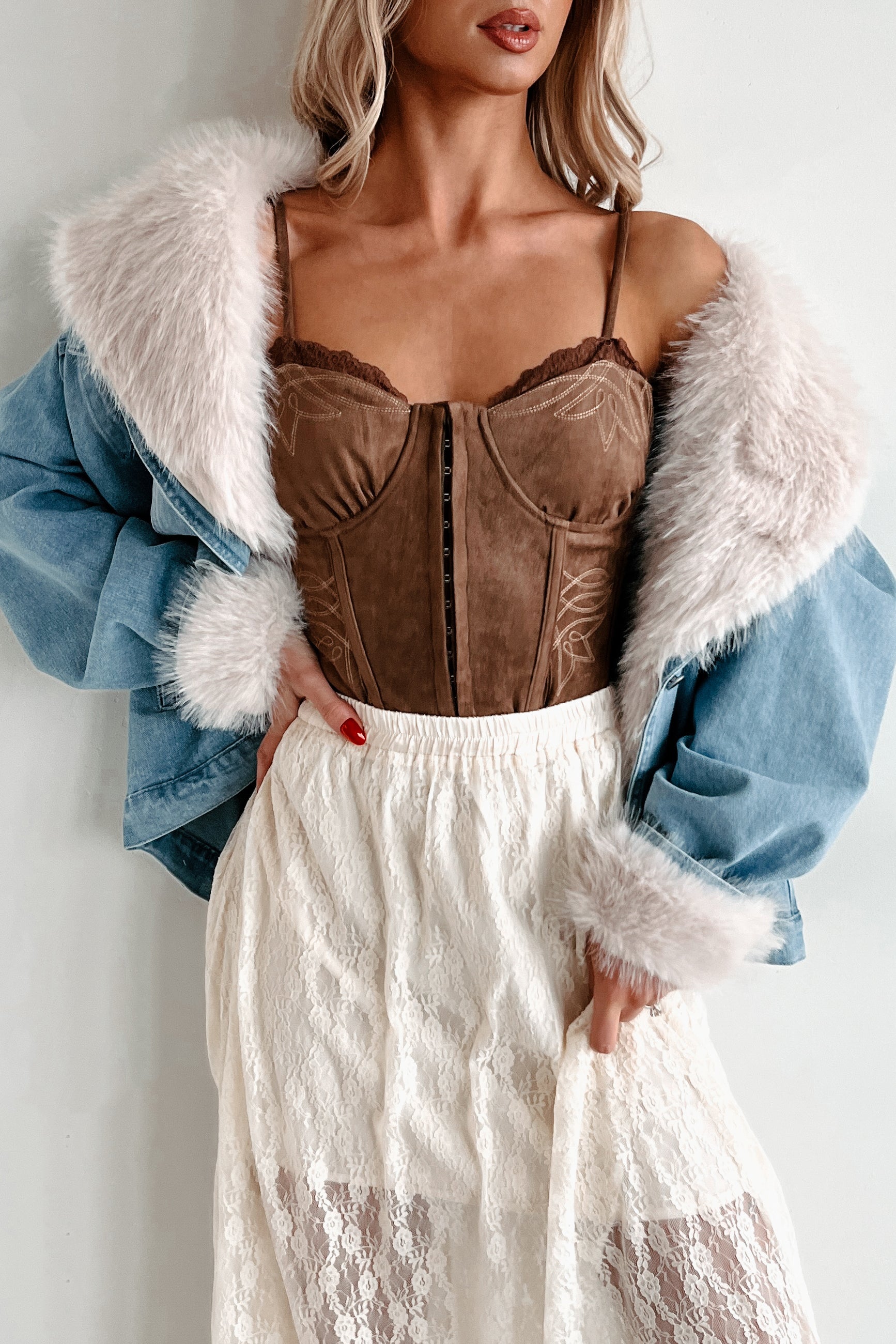 Furever Feeling Faux Fur Denim Jacket (Denim)-The Formal Wear