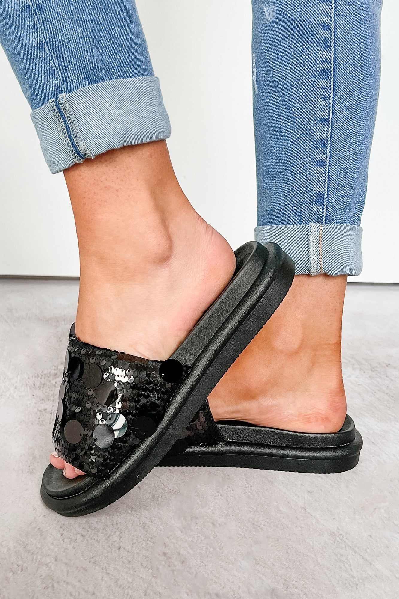 Boujee But Casual Sequin Slide Sandals (Black)-The Formal Wear