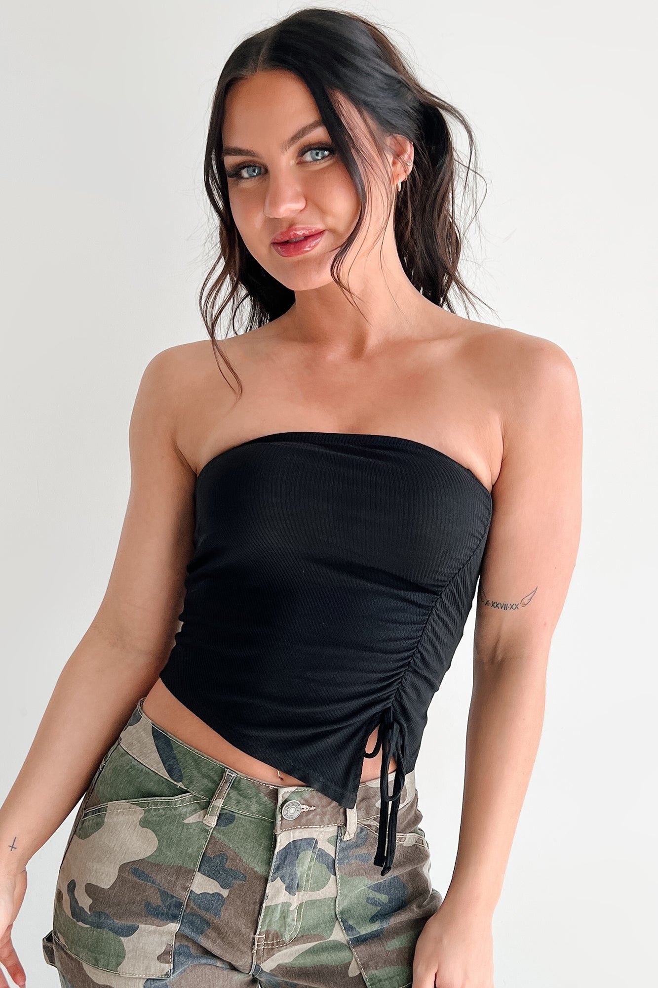 Count Me In Side Ruched Asymmetric Tube Top (Black)-The Formal Wear