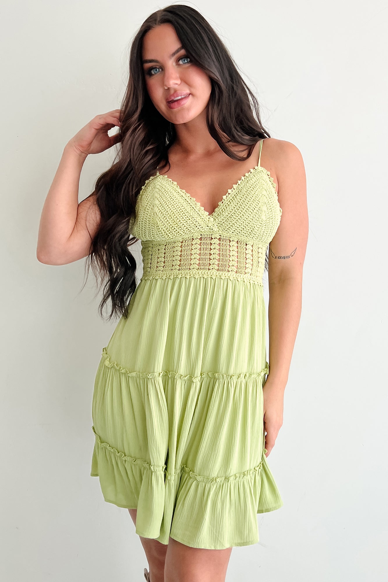 Capture Magic Crochet Tiered Mini Dress (Avocado)-The Formal Wear