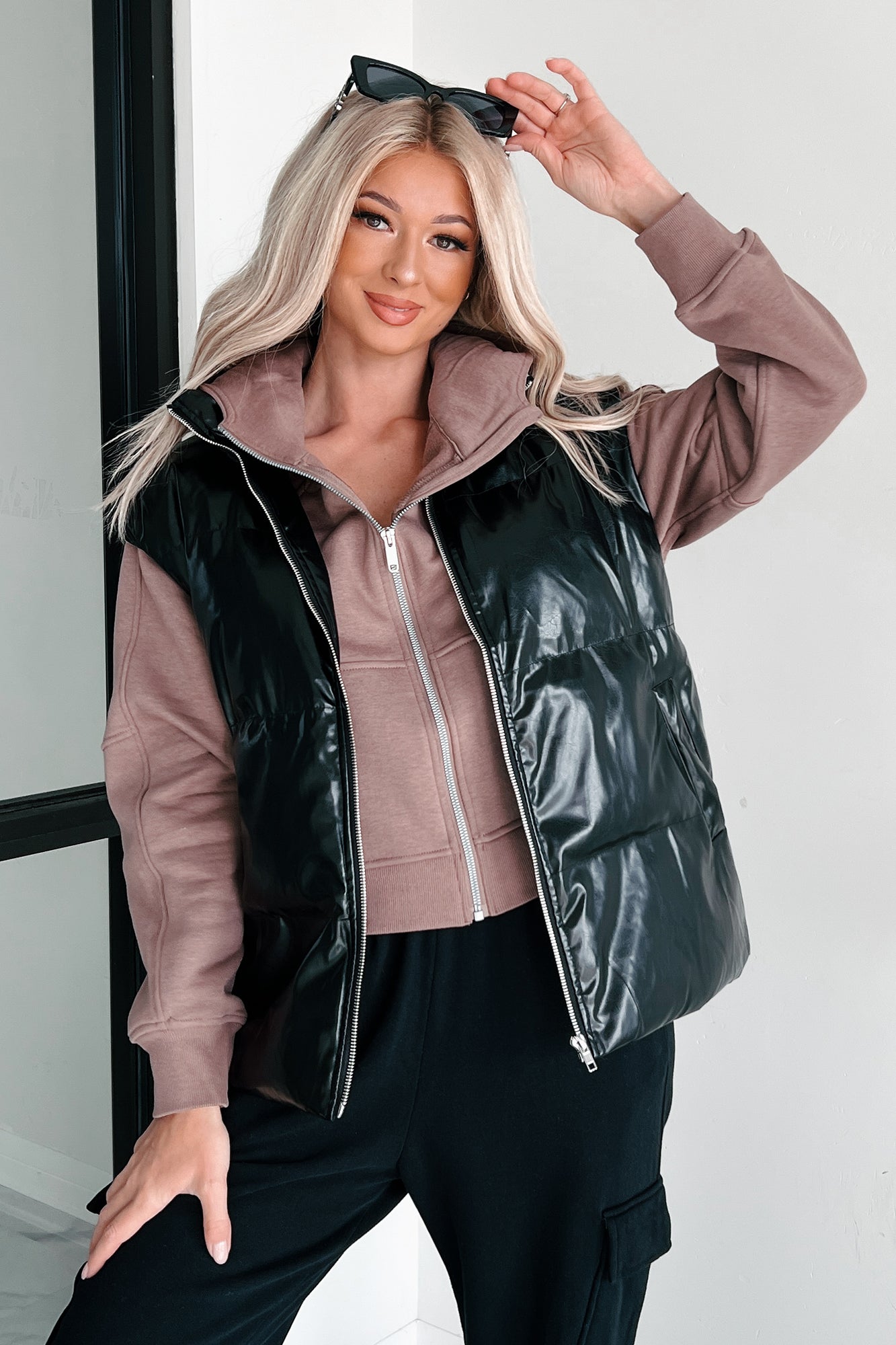 Put You In Your Place Patent Leather Puffer Vest (Black)-The Formal Wear