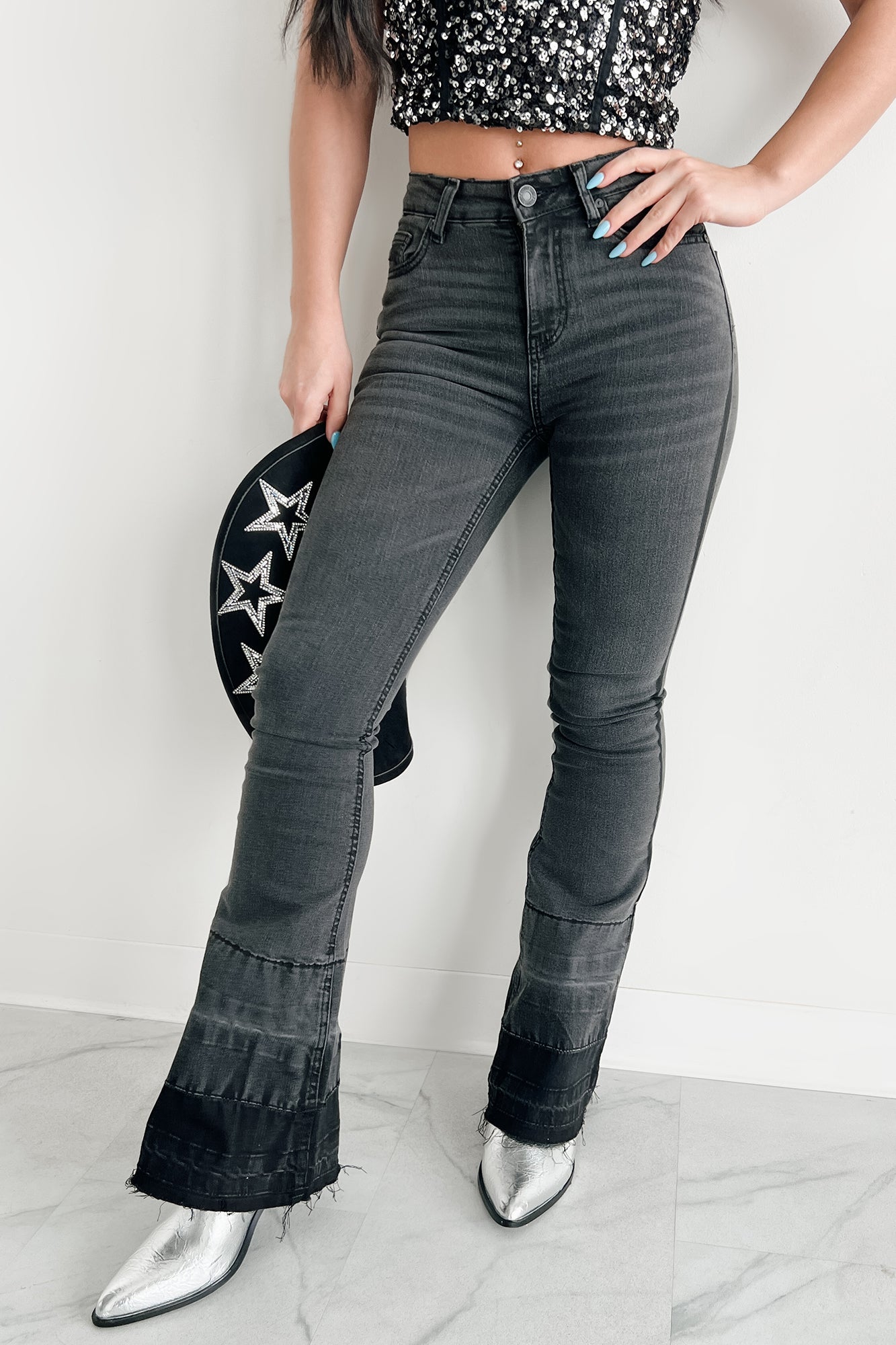 Valkyrie High Rise Flare Indigo Reign Jeans (Black)-The Formal Wear