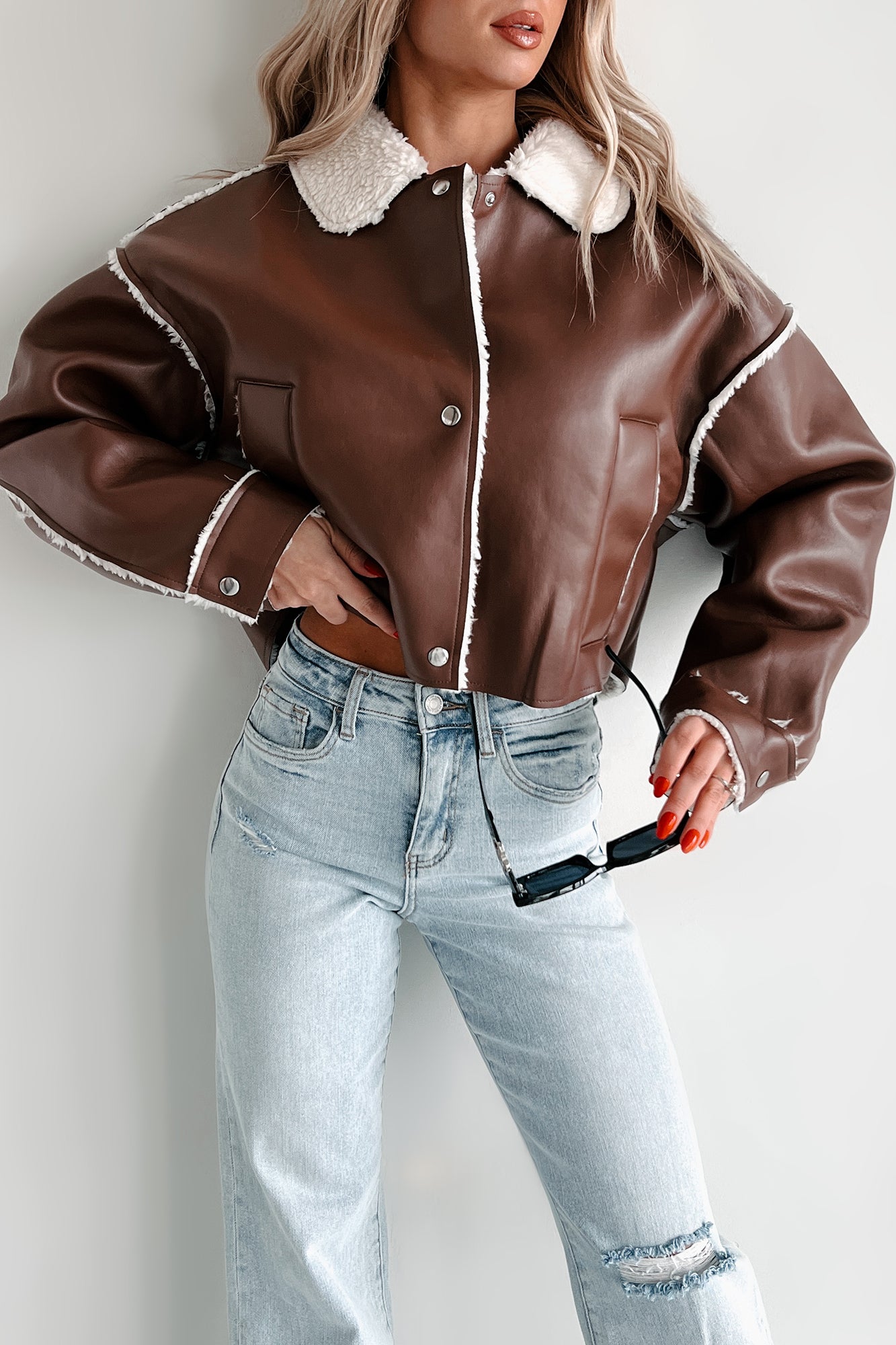Zayna Faux Leather Jacket (Brown)-The Formal Wear