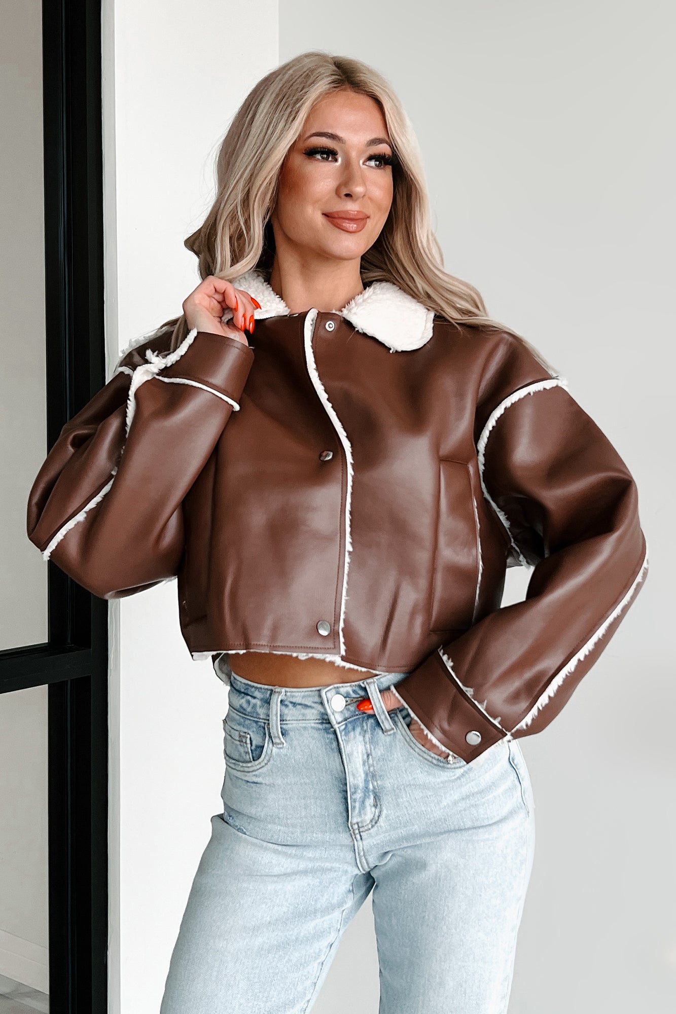Zayna Faux Leather Jacket (Brown)-The Formal Wear